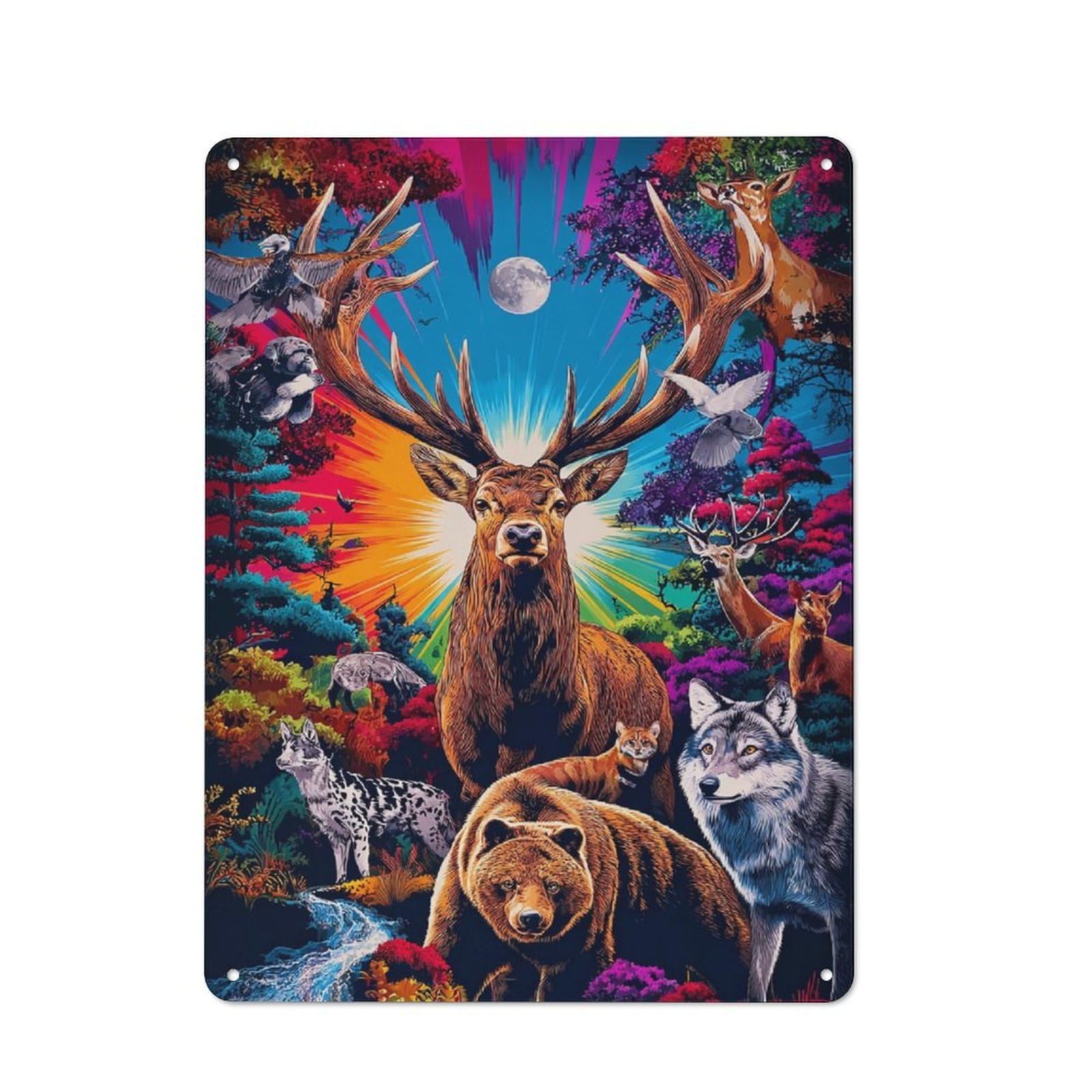 Junmoney Enchanted Forest Wildlife Gathering Retro-Style Metal Wall Sign 40X30cm For Pub Or Café, A New Home Present For Hospitality Wall Decor Collectors