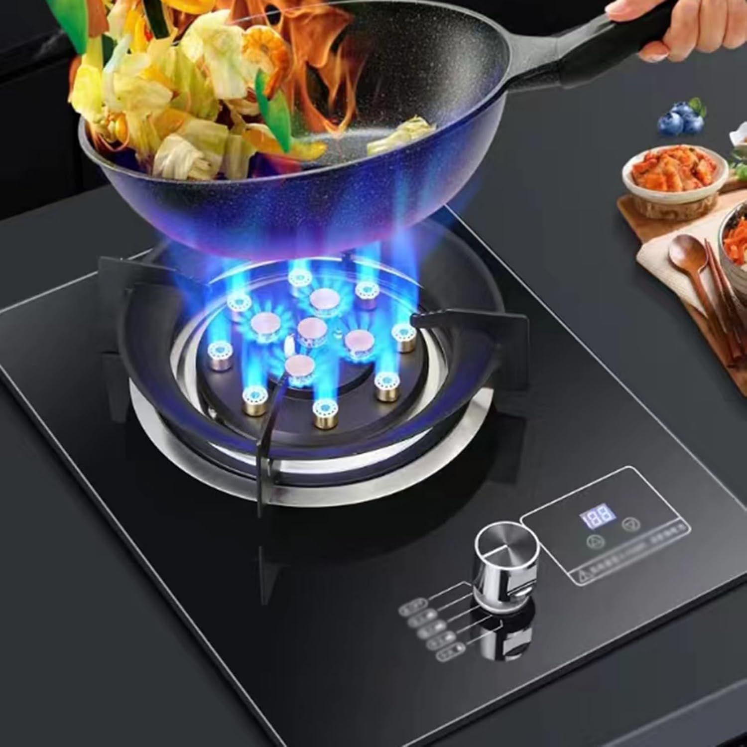 Built-in Gas Cooker,Residential Single-burner Stove,5.2kw 9-cavity High-fire Frying Pan,with Flameout Protection and Timer,NG/LPG Source Kit(LPG)