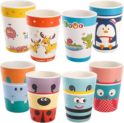 ZEAYEA 8 Pack Kids Cups, 8 Oz BPA Free Drinking Cups for Children, Reusable Cute Cups Cartoon Tableware for Home, School, Parties or Outdoor Use, Dishwasher Safe