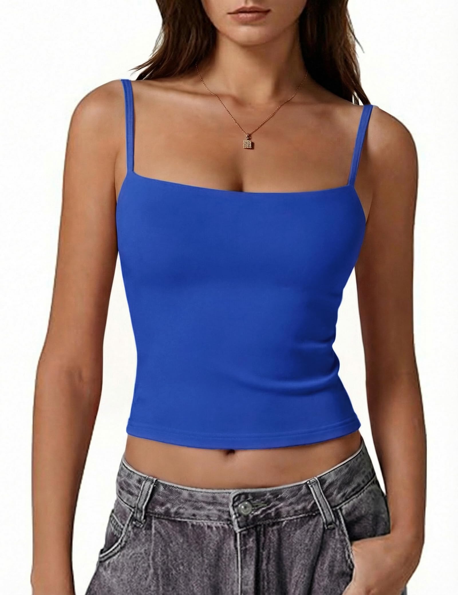 Gyabnw Damen Tank Top Y2K Doppellagiges Slim Fit Spaghetti T-Shirt mit Verstellbaren Schulterträgern