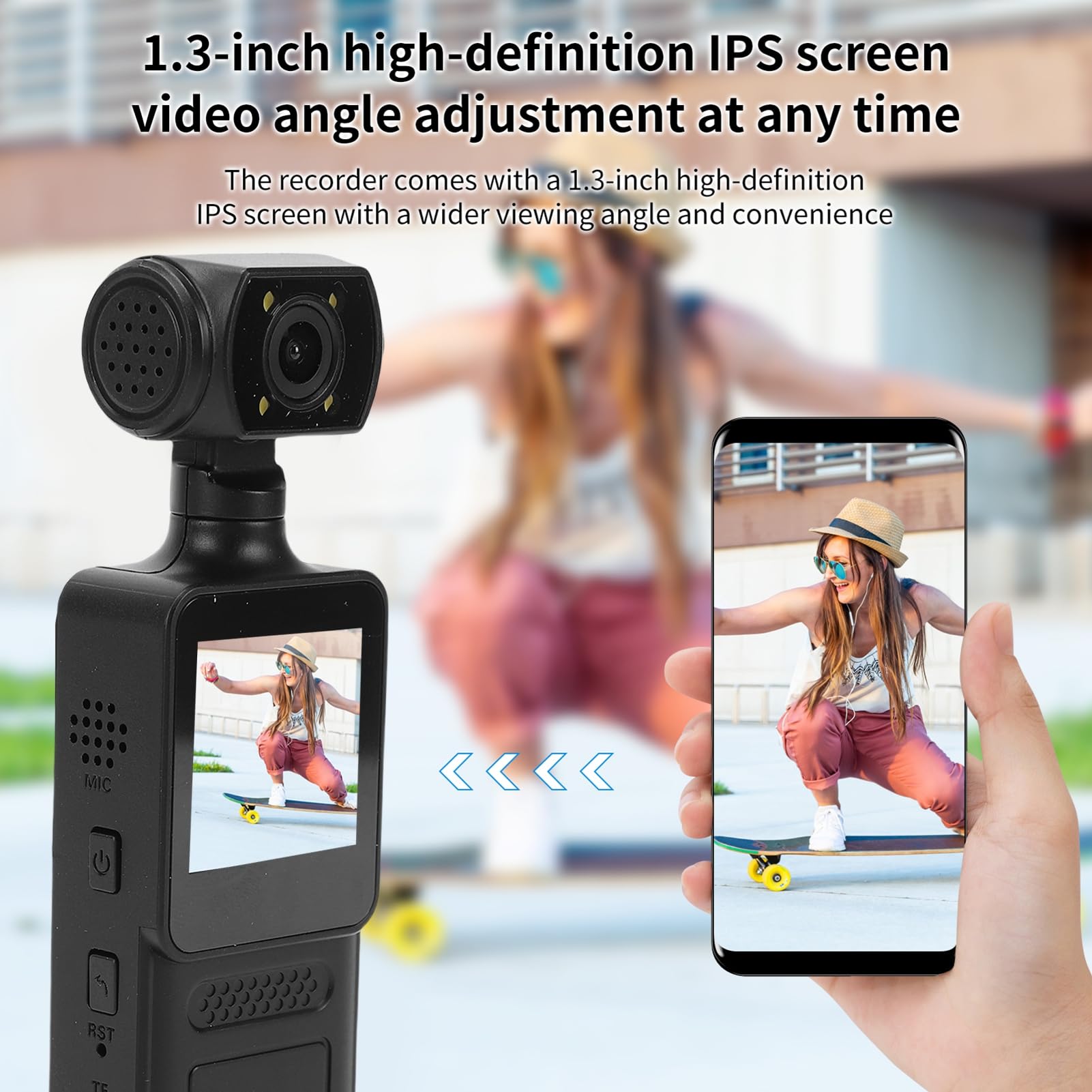 Dpofirs Kamera Korpusowa, Kamera Akcji 4K, Ekran HD o Przekątnej 1,31 Cala, z Klipsem z Tyłu Obiektywu Obracającym się o 180°, Wodoodporna Sportowa z funkcją Anti Shake WiFi, do
