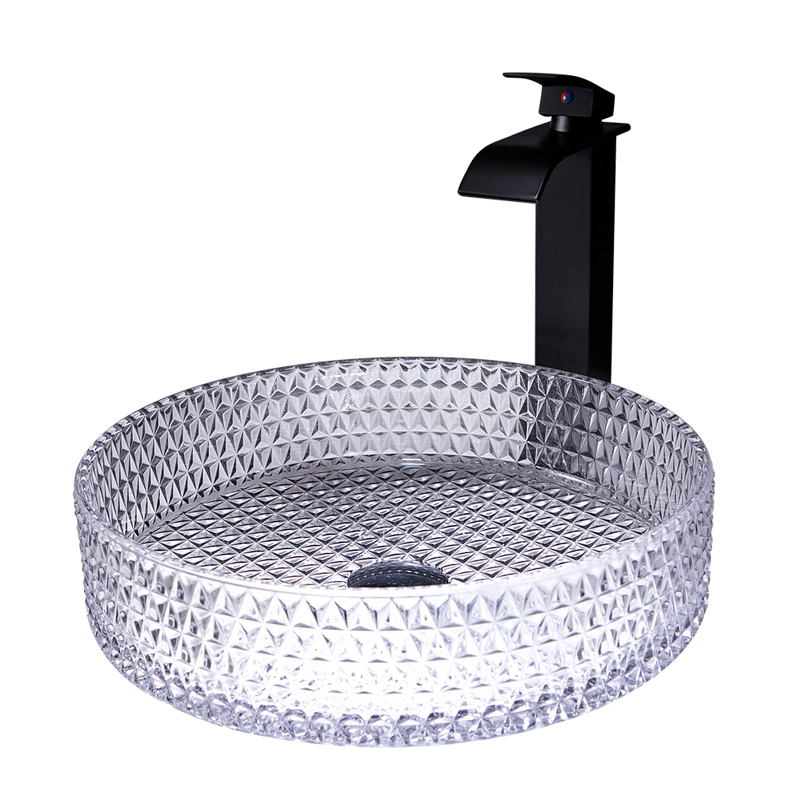 ASerZenith Bathroom Vessel Sink,Tempered Glass Round Vessel Sink,Above Counter Sink Basin Bowl With Black Waterfall Faucet And Pop Up Drain
