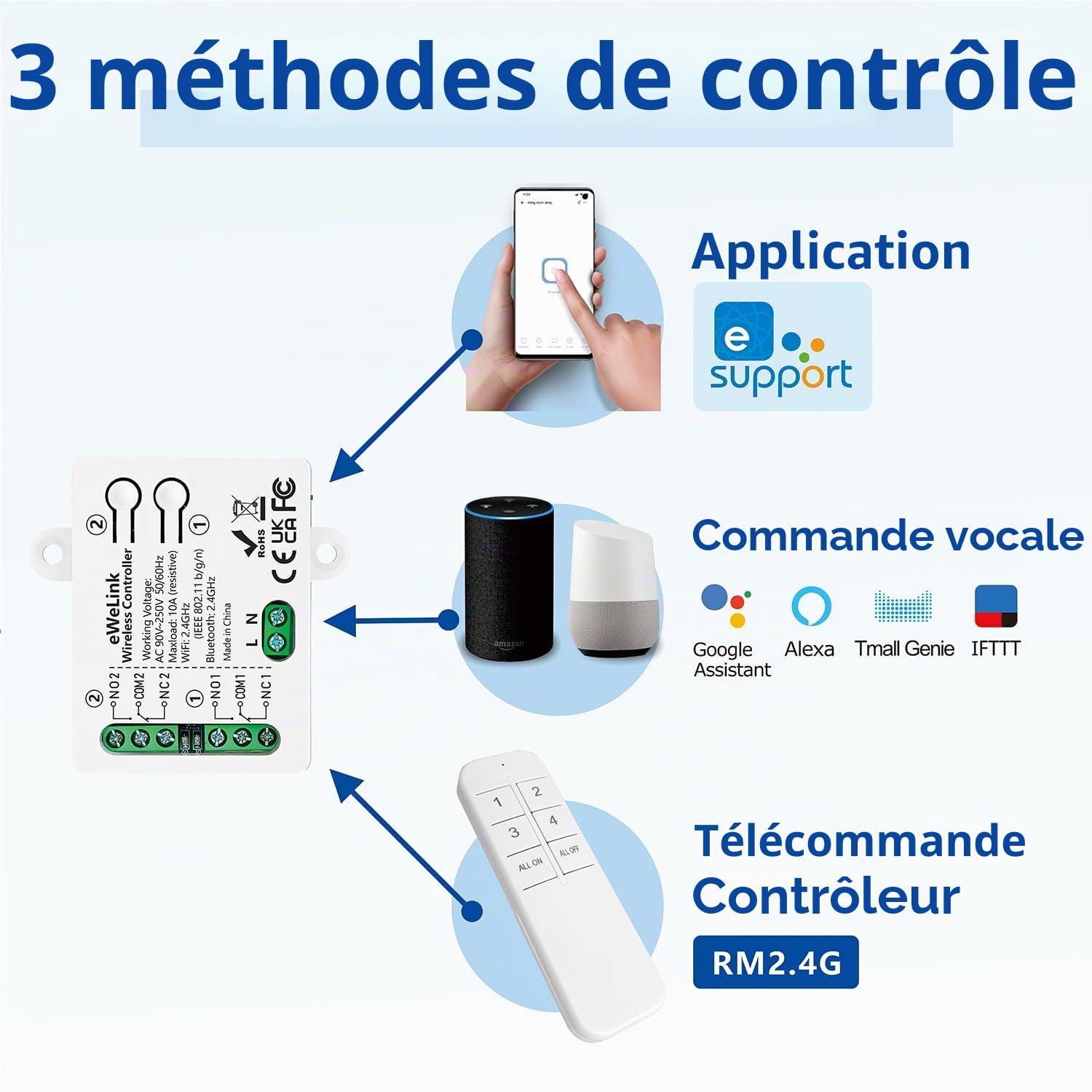 DieseRC Interrupteur Intelligent WIFI 2 canaux, AC 90V-250V 220V Sortie Passive Module Relais, Ewelink APP Contrôle WIFI compatible avec Alexa/Google Home, commutateur Inching/autobloquant