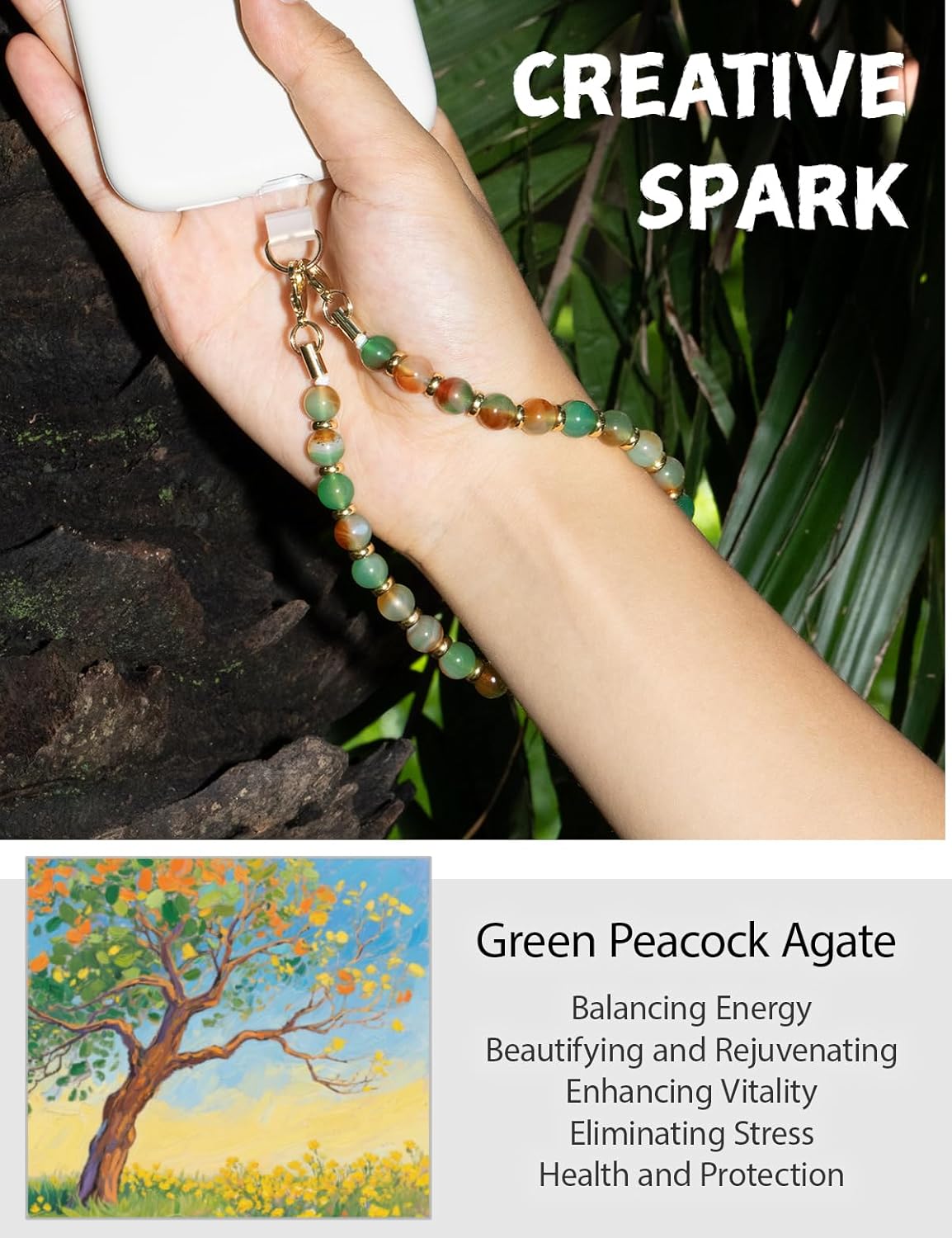 Healing Stone Phone Charm for Women, Beaded Phone Camera Wrist Strap, Handmade Cell phone Chain Lanyard with Tether Tab Keychain Decor for Wallet (Green Peacock Agate) - Image 2