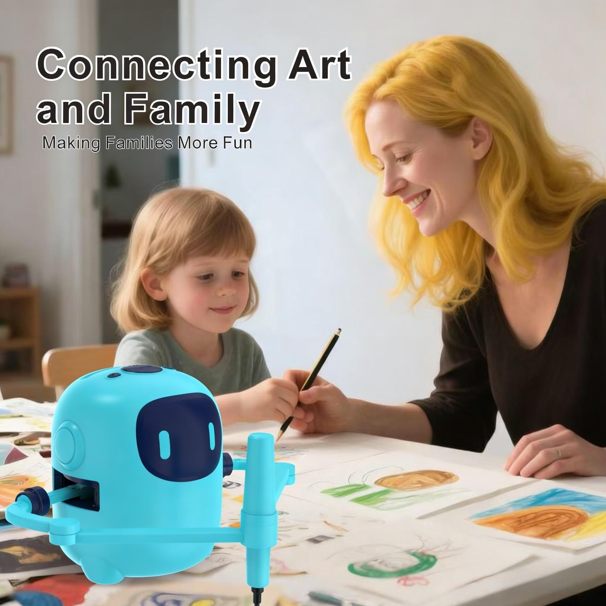 Robot da disegno per bambini con 150 carte, macchina da disegno educativa interattiva vocale, giocattoli didattici Montessori per 5+ anni festa di compleanno per ragazzi e ragazze (Blu)
