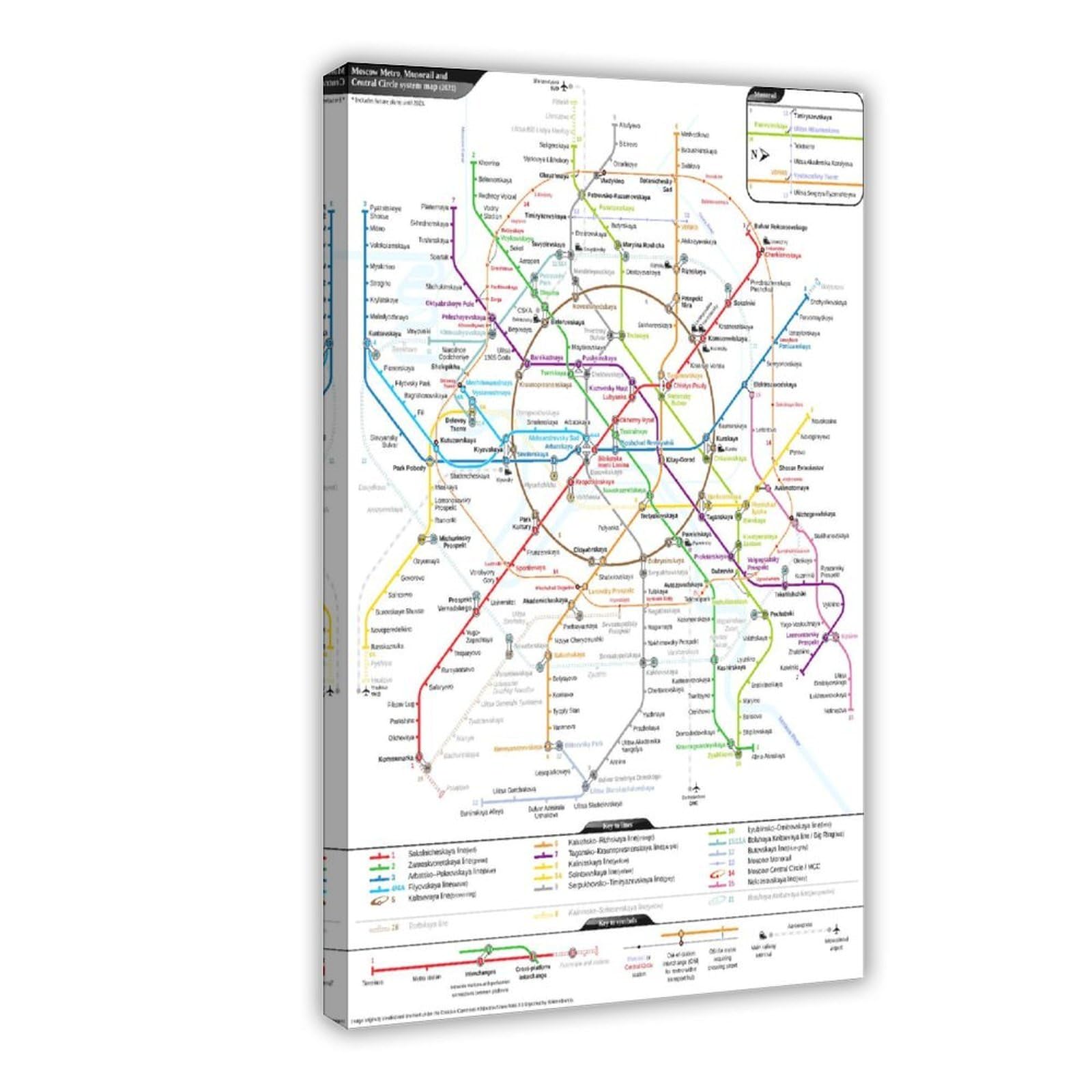 WCYB Mappa della metropolitana di Mosca Russian Underground Prints Poster Canvas Deco Dipinti Wall Art per ufficio Cornice da appendere 8 "L X 12" W