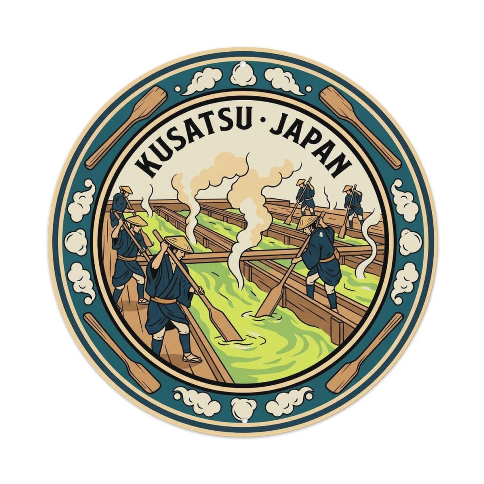 Okahys 8X8inch Classic Style Kusatsu Onsen Yumomi Wooden Paddle Folk Culture Ritual Metal Tin Sign