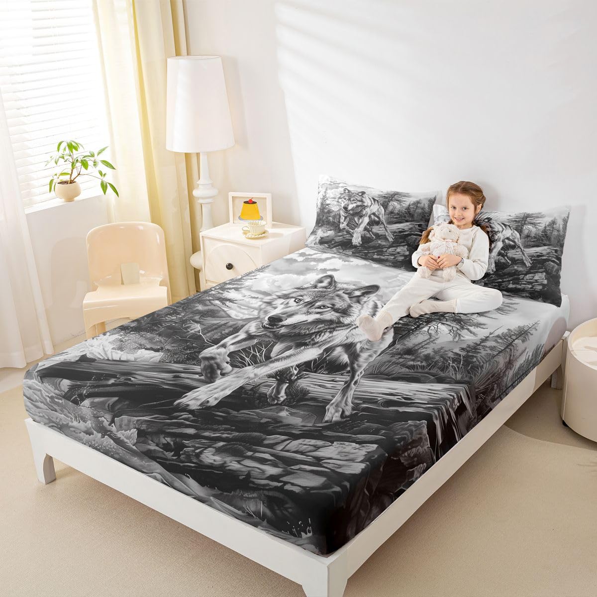 Manfei Juego de sábanas bajeras retro de lobo tamaño King, 3 piezas, diseño de animales salvajes de la selva, sábanas de caza y granja con 2 fundas de almohada, decoración de habitación de niños y