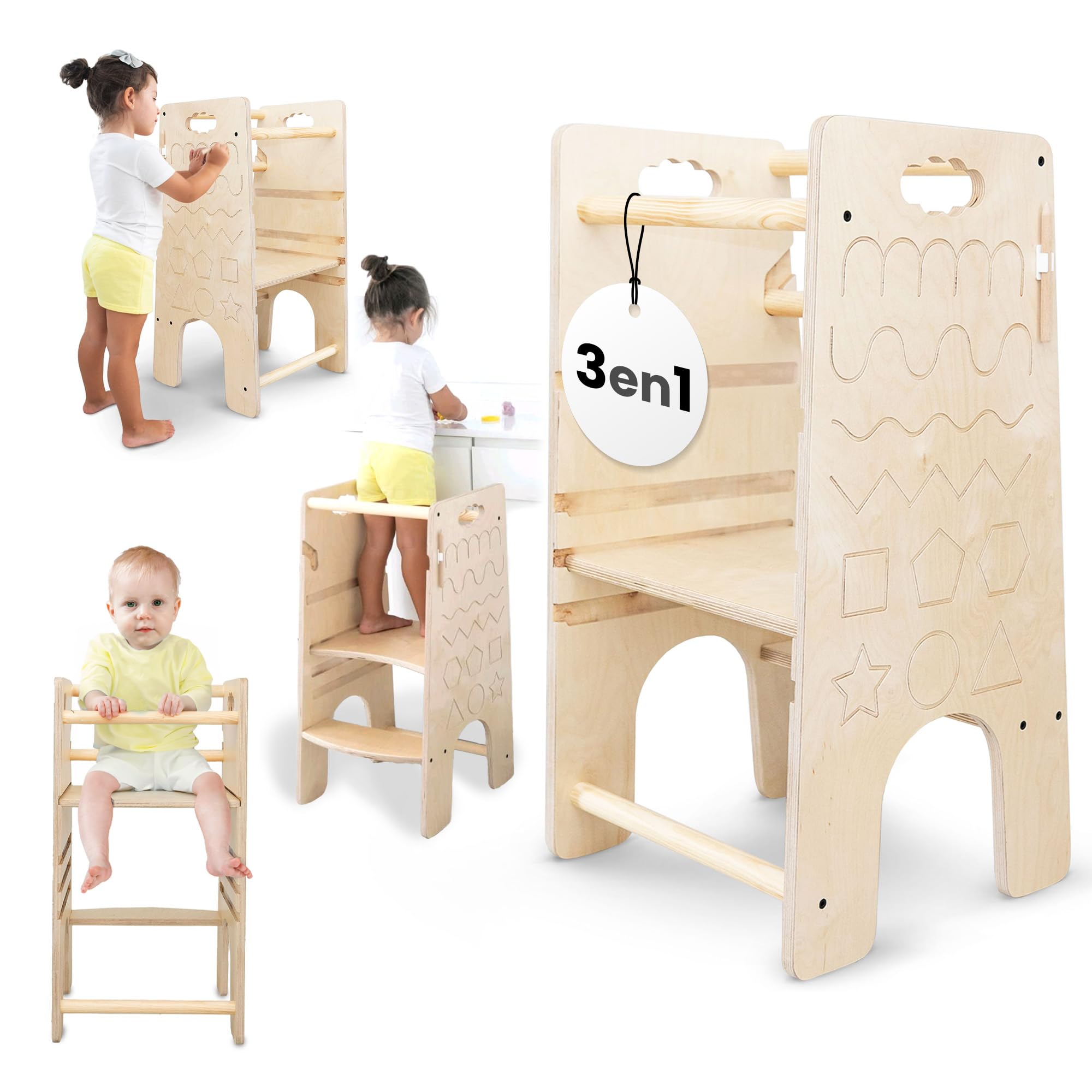 TWR ® Torre de aprendizaje evolutiva + trona bebe+ patrones Montessori (incluye lápiz de madera) 3 en 1- Torre de aprendizaje convertible en trona - 100% madera natural de alta calidad