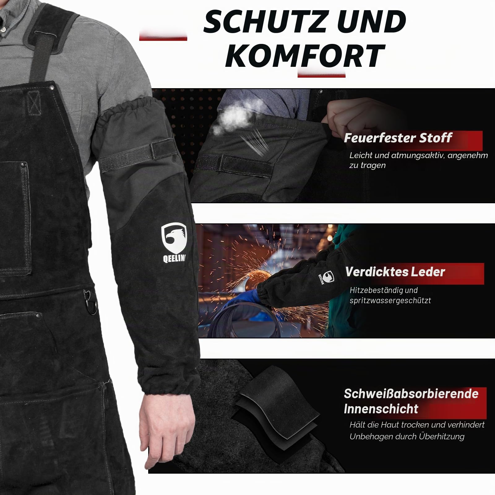QeeLink Schweißer Ärmel aus Leder für Männer und Frauen - Hitzebeständiger, Flammenbeständiger Schweißerstulpen Genäht aus Kevlar mit Baumwollfutter (Mittelgroß, Schwarz)