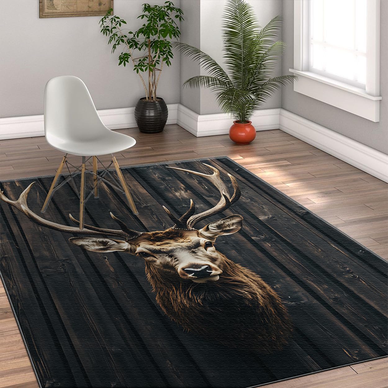 Grand tapis tête d'élan 150 x 240 cm, finitions style rustique moderne