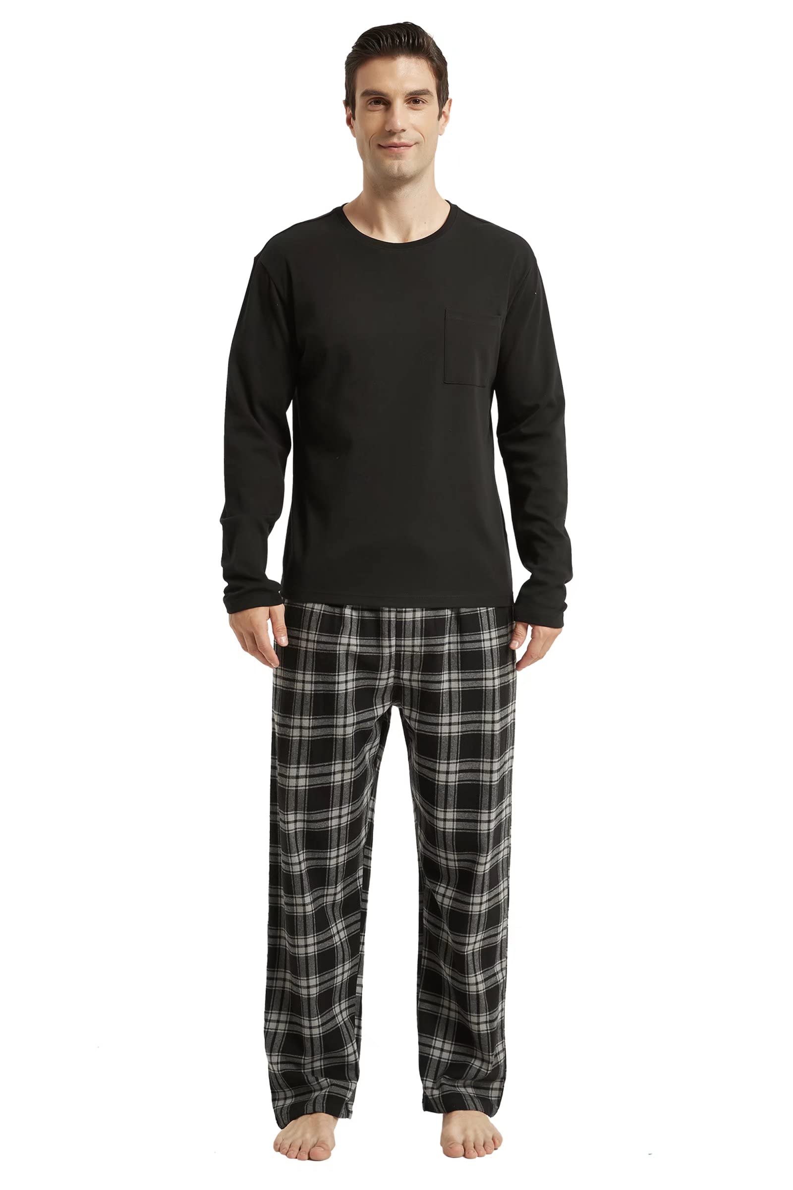 Amaxer Pigiama Uomo Cotone Lungo di Flanella Set da Notte Top a Manica Lunga con Tasche Pantaloni con Coulisse