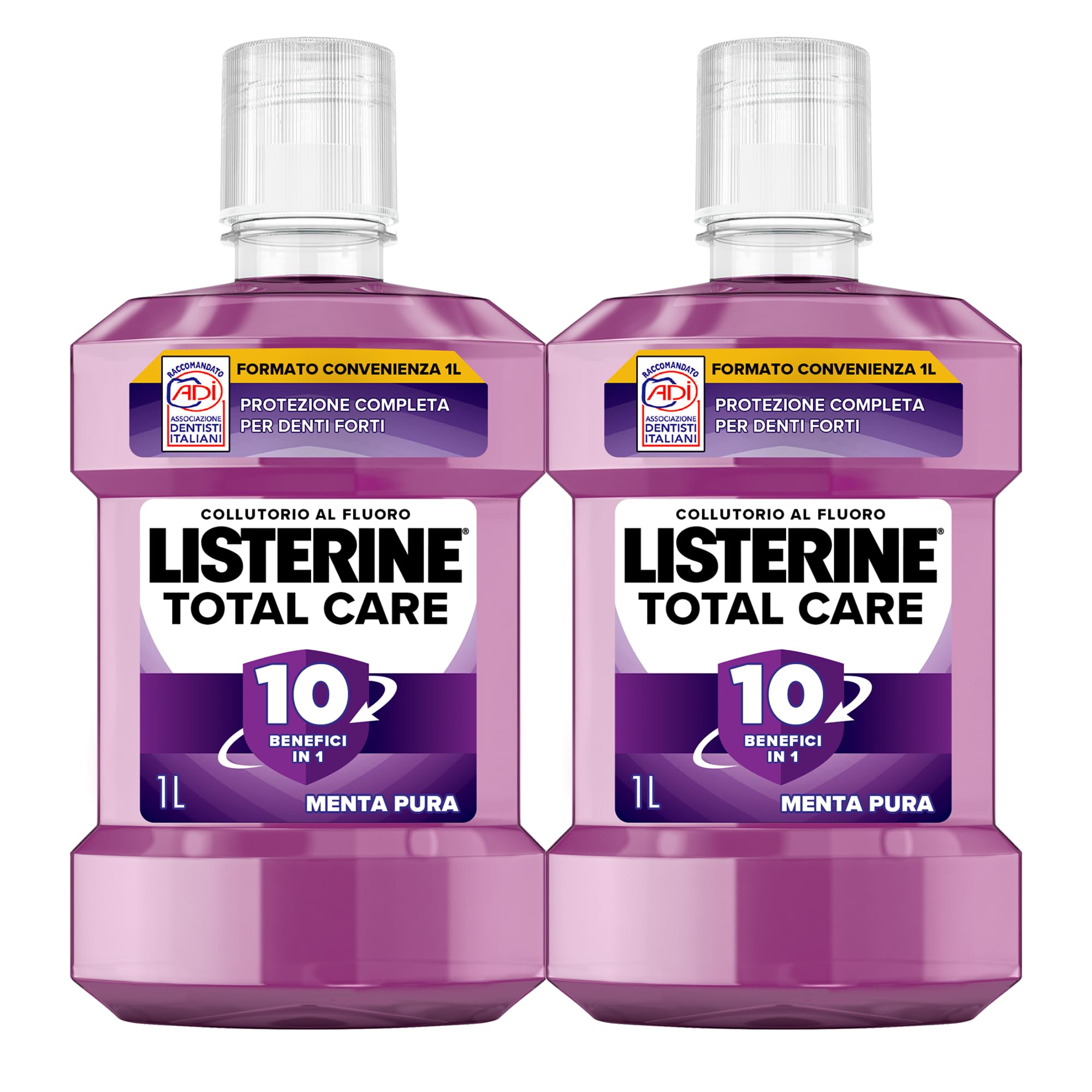LISTERINE Total Care, Collutorio al gusto di Menta Pura, Collutorio al Fluoro con 10 benefici in 1 per una protezione completa e denti più forti, per un'igiene orale completa, 2x1L– Esclusiva Amazon