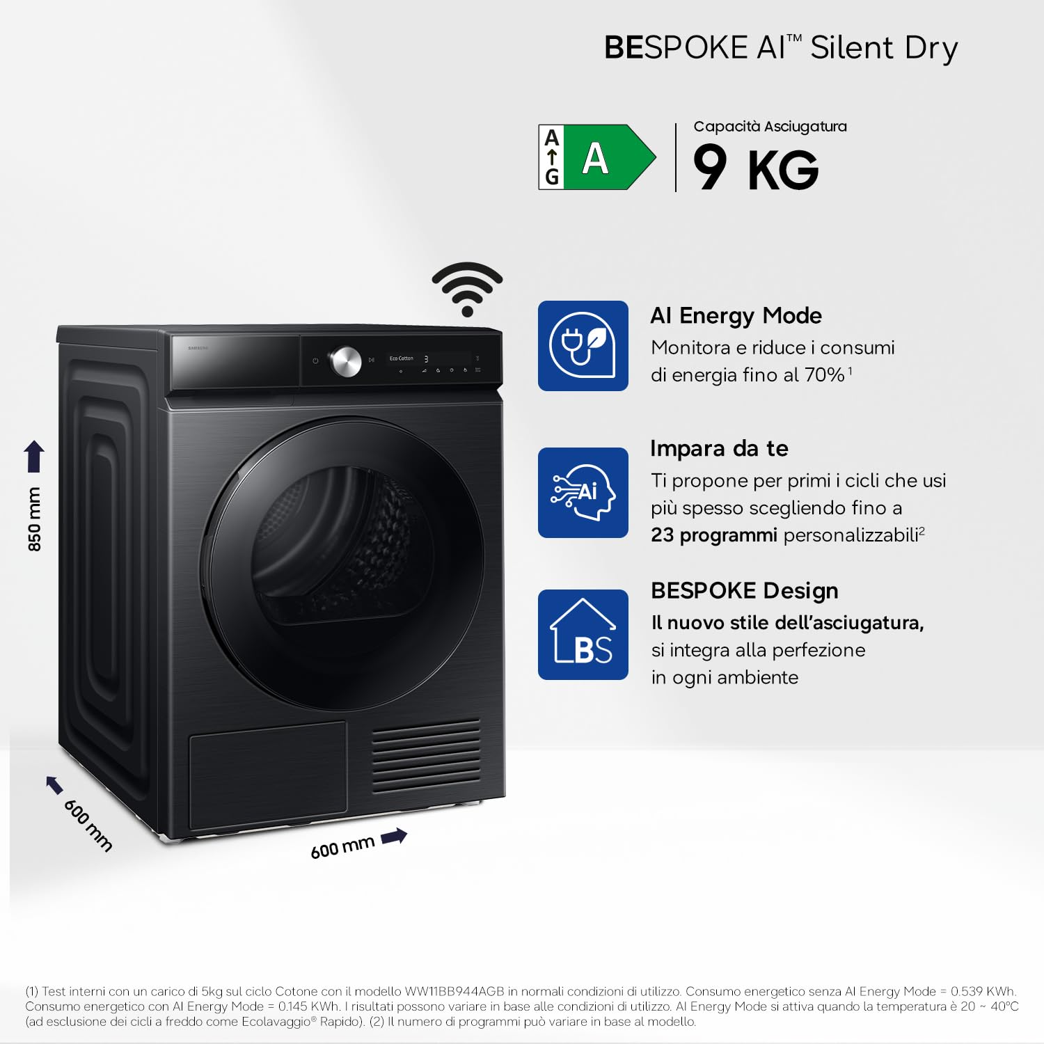 Samsung Asciugatrice Bespoke AI DV90DB8845GB/U3, 9 kg, Silent Dry, Pompa di Calore, Wifi, QuickDrive, AI Dry, Sensore Optimal Dry, Display AI Control, Carica Frontale, 60L x 85H x 60P cm