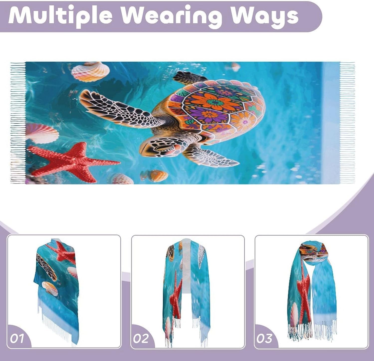 Boho Sea Turtle Scarfs for Man Women Winter Scarf Fashion Long Shawl Wraps Classic Tassel Scarfs Soft Blanket Scarves