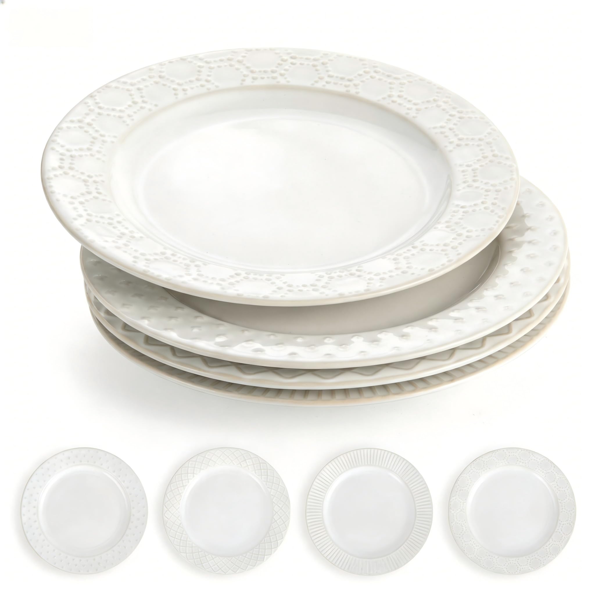 Hoilse Ceramic Dessert Plates Set of 4, 20cm Embossed White Serving Plates for Appetizers, Snacks, Small Dinner & Bread Plates, Dishwasher & Microwave Safe - 4 Patterns