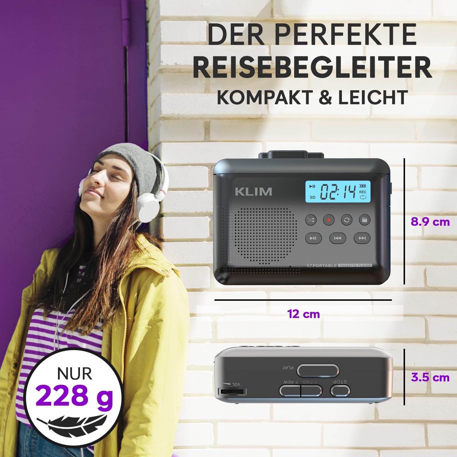 Kassettenspieler - Kassettenrekorder - Cassette Gerät - Kassetten Digitalisieren - Tragbarer - Mikrofon & Lautsprecher - Wiederaufladbarer Aufladbar - Stereoausgang - 16GB SD-Karte - Asche