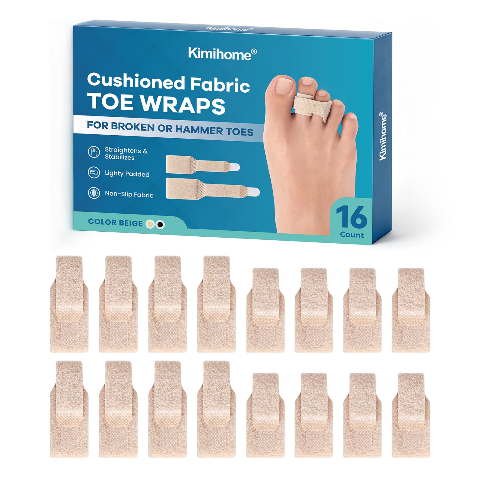 Redresseur orteil en marteau - 16 Pcs Correcteur d'orteils pour unisexe, bandages réutilisables en tissu pour orteils cassés -Attelles pour orteils pliés, recourbés, tordus ou en griffe (8L+8S, Beige)