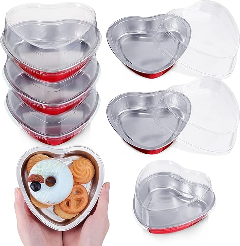 Nuogo Moldes de papel de aluminio de 5 pulgadas con forma de corazón para pasteles con tapas transparentes de 7.6 fl oz/7.92 onzas, molde desechable