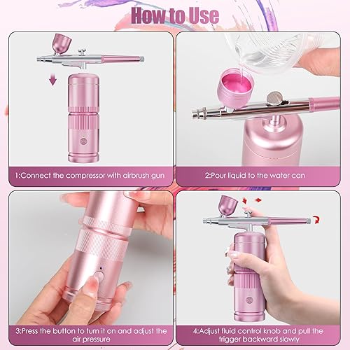 Miniatura 6 de Rexley Kit de aerógrafo - Pistola de aire portátil automática Compresor de aerógrafo recargable Máquina de aerógrafo de uñas - Juego de aerógrafo