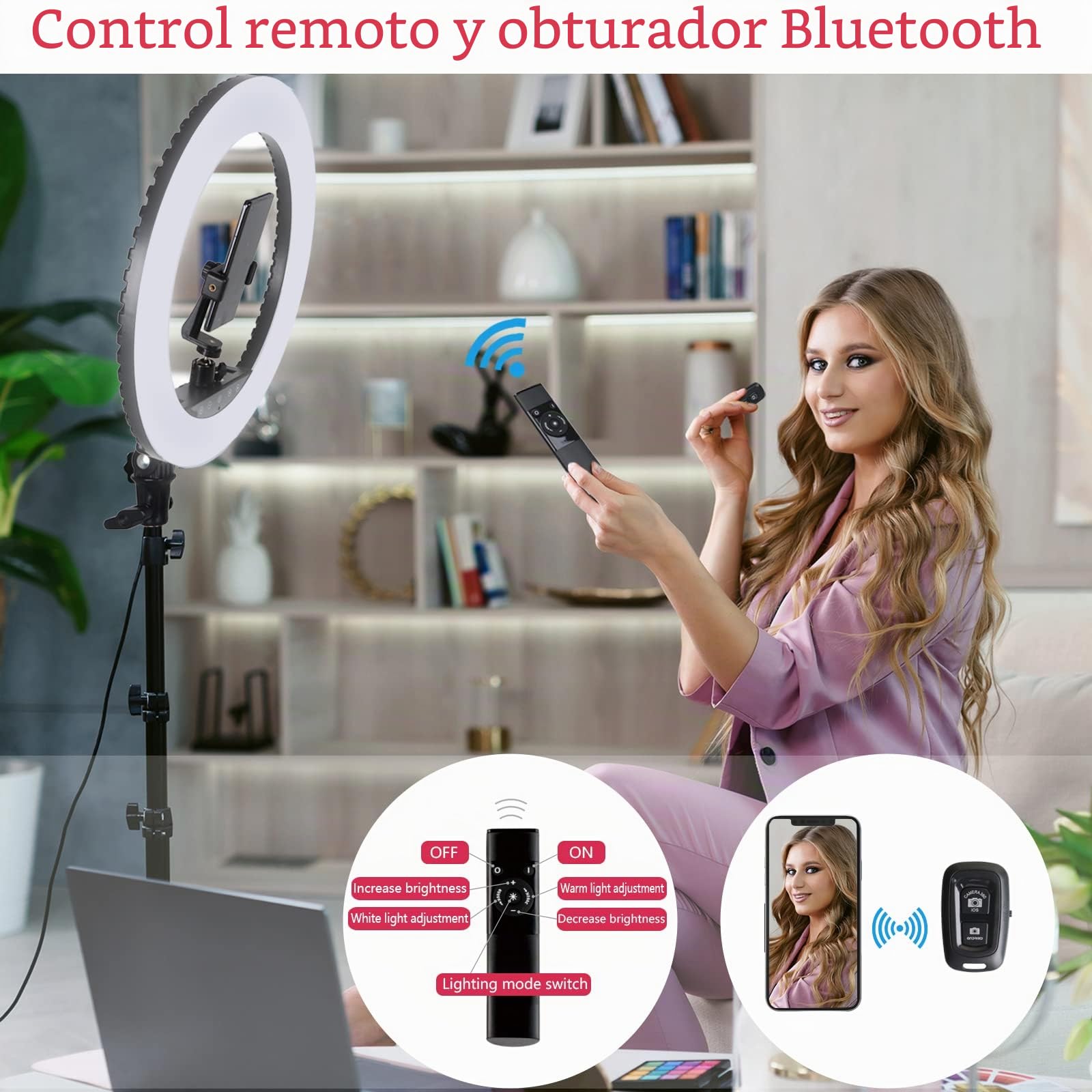 Anillo de luz LED de 18 Pulgadas con Soporte para trípode, Panel táctil Selfie Ring Light para Makeup Studio Youtube Portrait Video con Bolsa de Transporte y Control Remoto, CRI>90