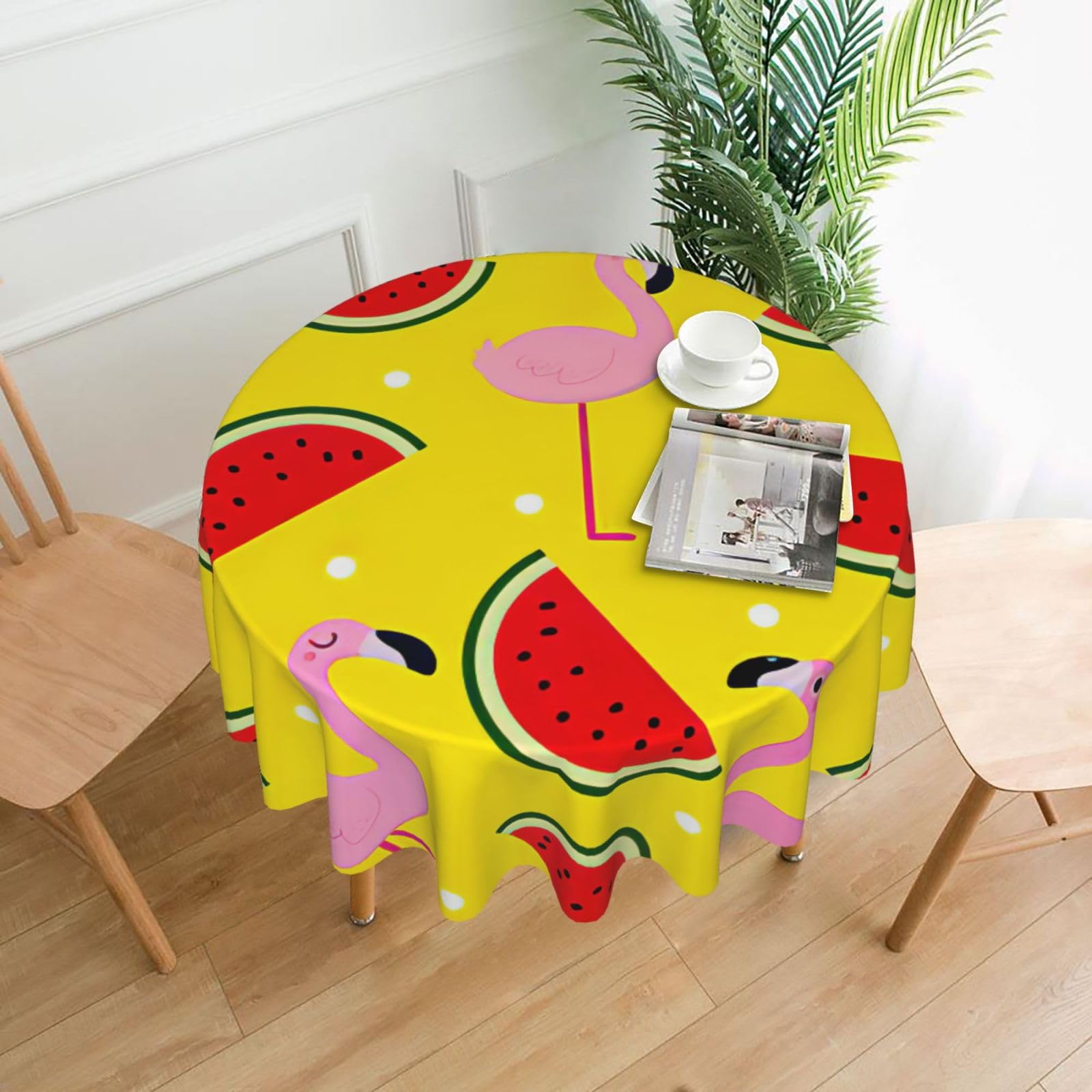 OKFSTY Red flamingo and watermelon Print Round Tablecloth 60in for Wedding Elegant Polyester Cover for Party Reception Festive Dinner