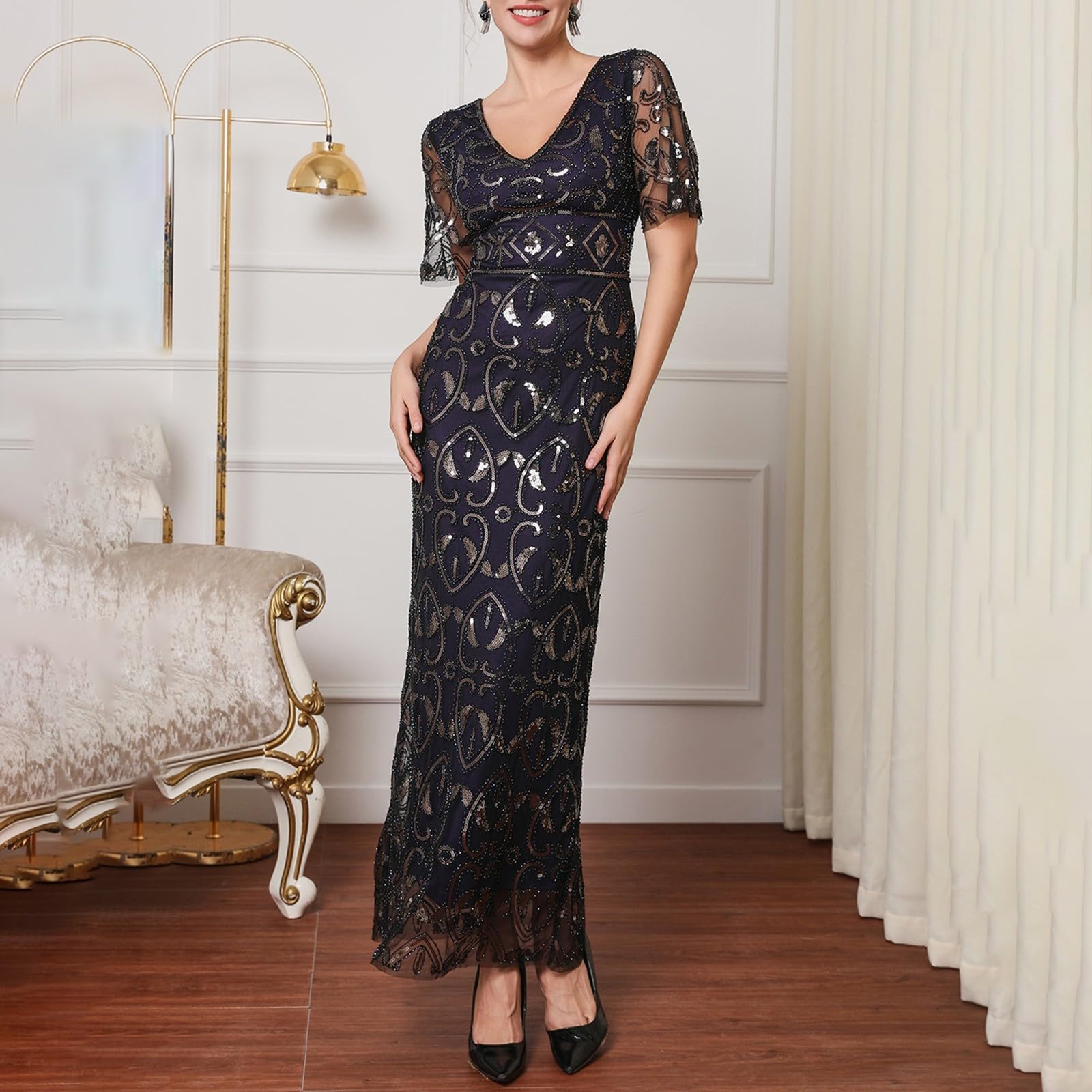 Elegante Vestido de Noche Largo con Bordado en Lentejuelas y Detalles de Malla para Eventos Formales Banquetes y Celebraciones
