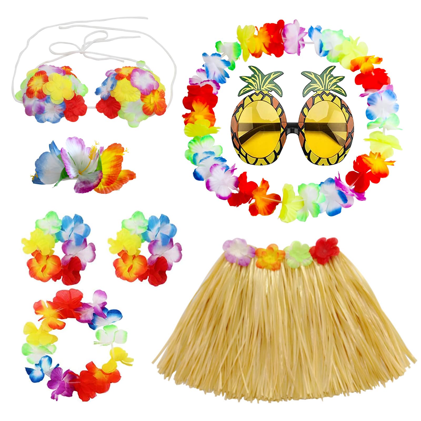 PHOGARY8 PCS Hula Skirt Costume Accessory Kit Luau Party Dress Up for Girls, 40 CM Hawaiian Hula Dancing Skirt Set
