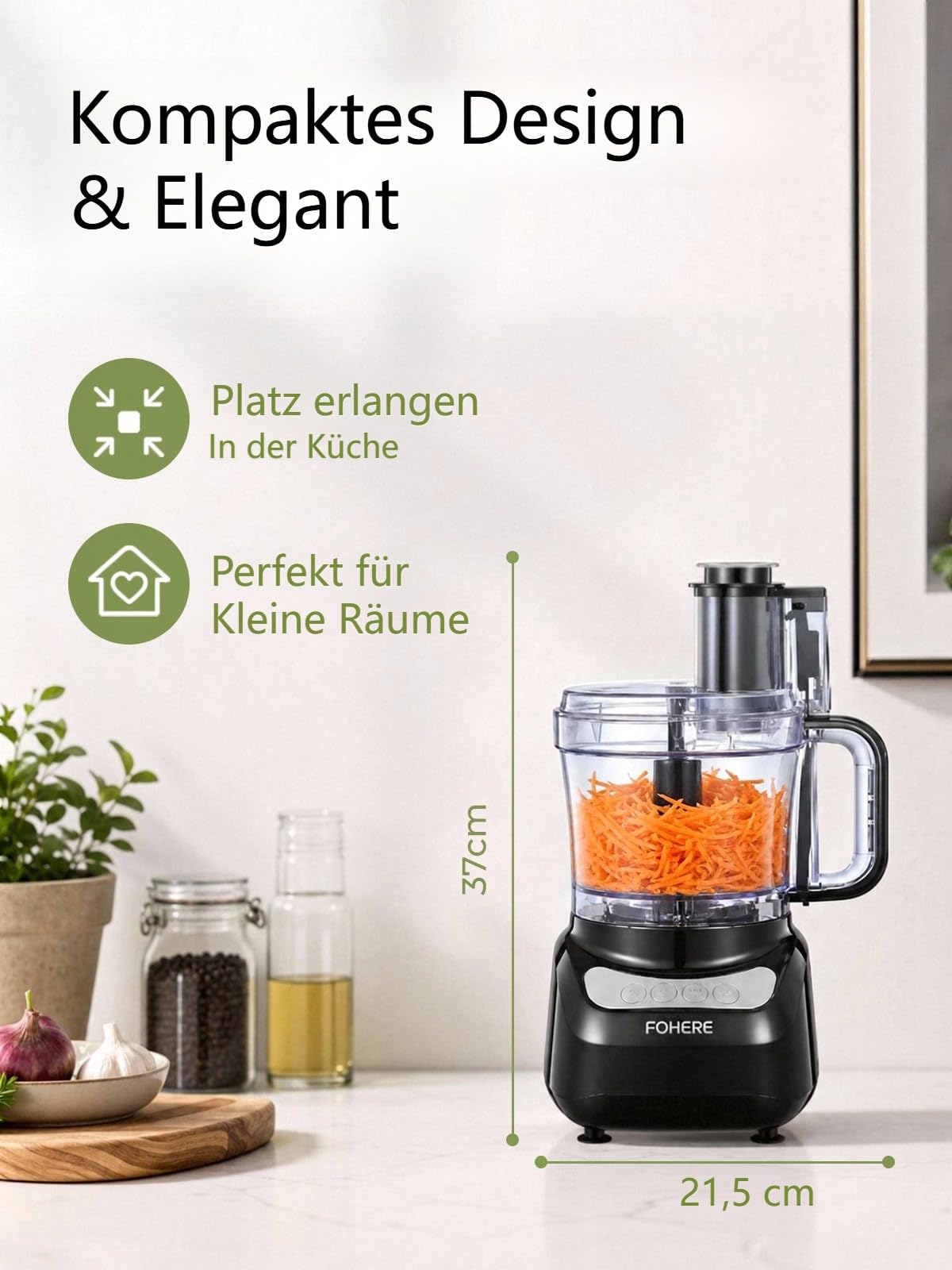 Food Processor 2.3L, Küchenmaschine, 2-in-1 Futterrutsche, 3 Geschwindigkeiten, All-in-One: Hacken, Raspeln, Pürieren, Teig, Ein-Knopf-Bedienung & Pulsfunktion
