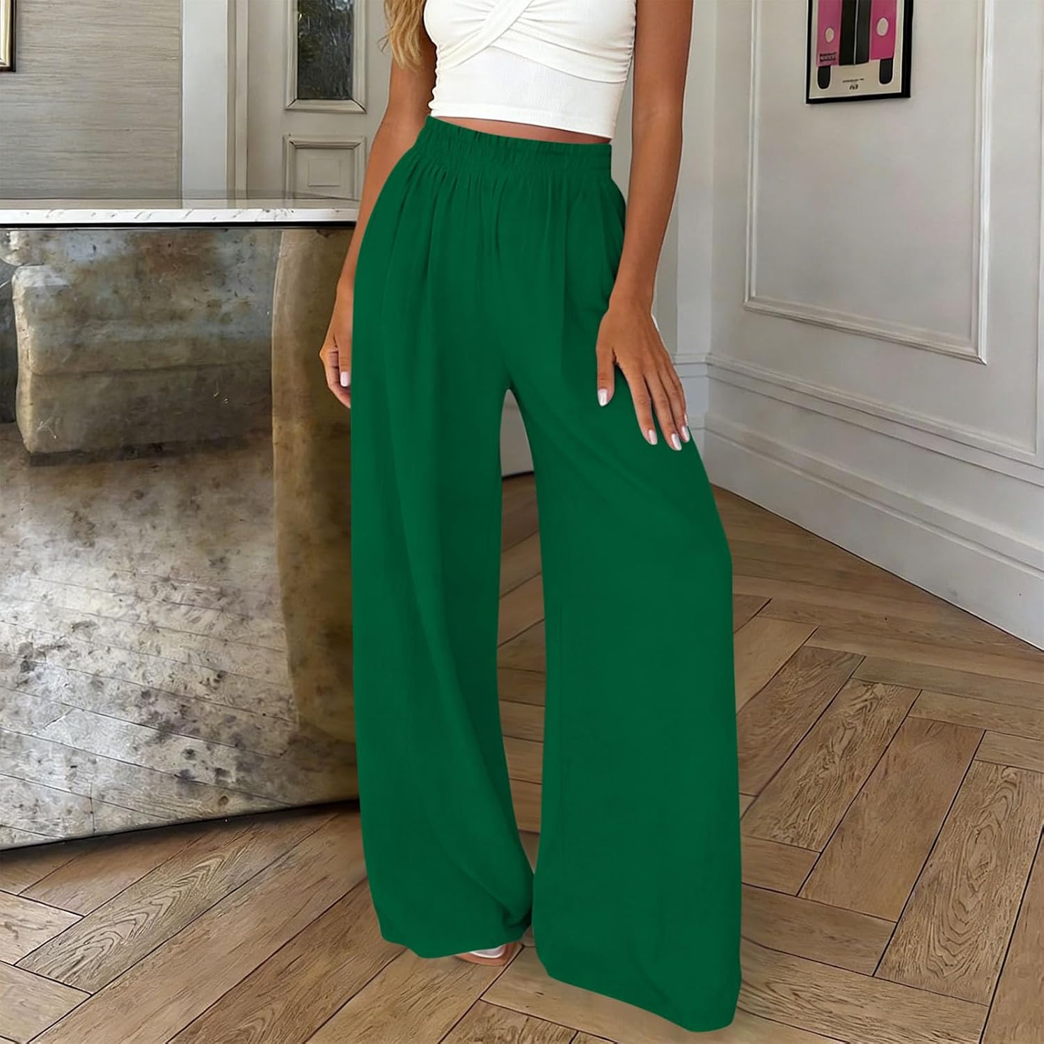 Wide Leg Dress Pants for Women Pull On Elastic Waist Stretchy Work Pants High Waisted Casual Slacks with Pockets