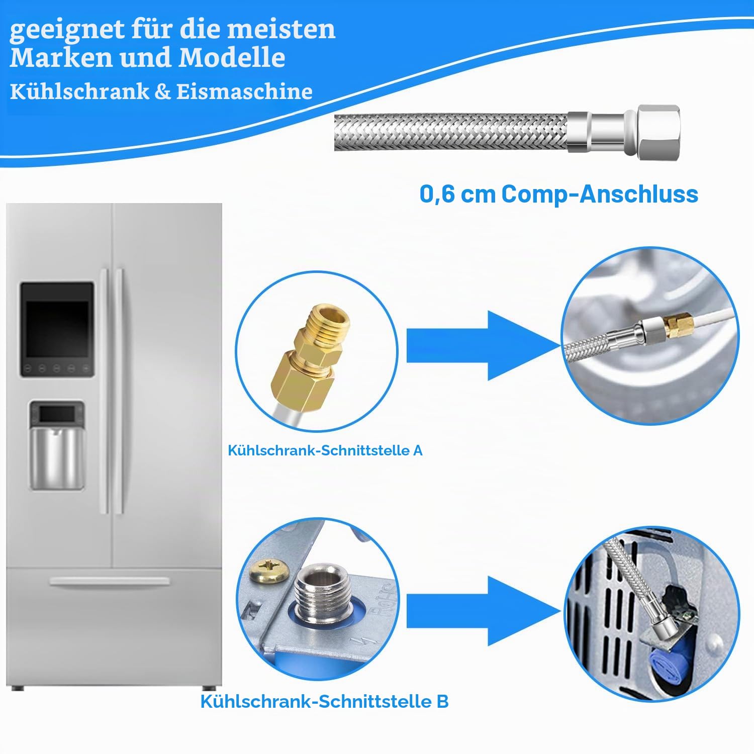 Kühlschrank-Wasserleitungs-Set, 9,2 m, Premium-Edelstahl-geflochtene Kühlschrank-Wasserleitung mit T-Abschlagventil, lebensmittelechter PEX-Innenschlauch, Eisbereiter, Wasserleitung mit 6,35 mm