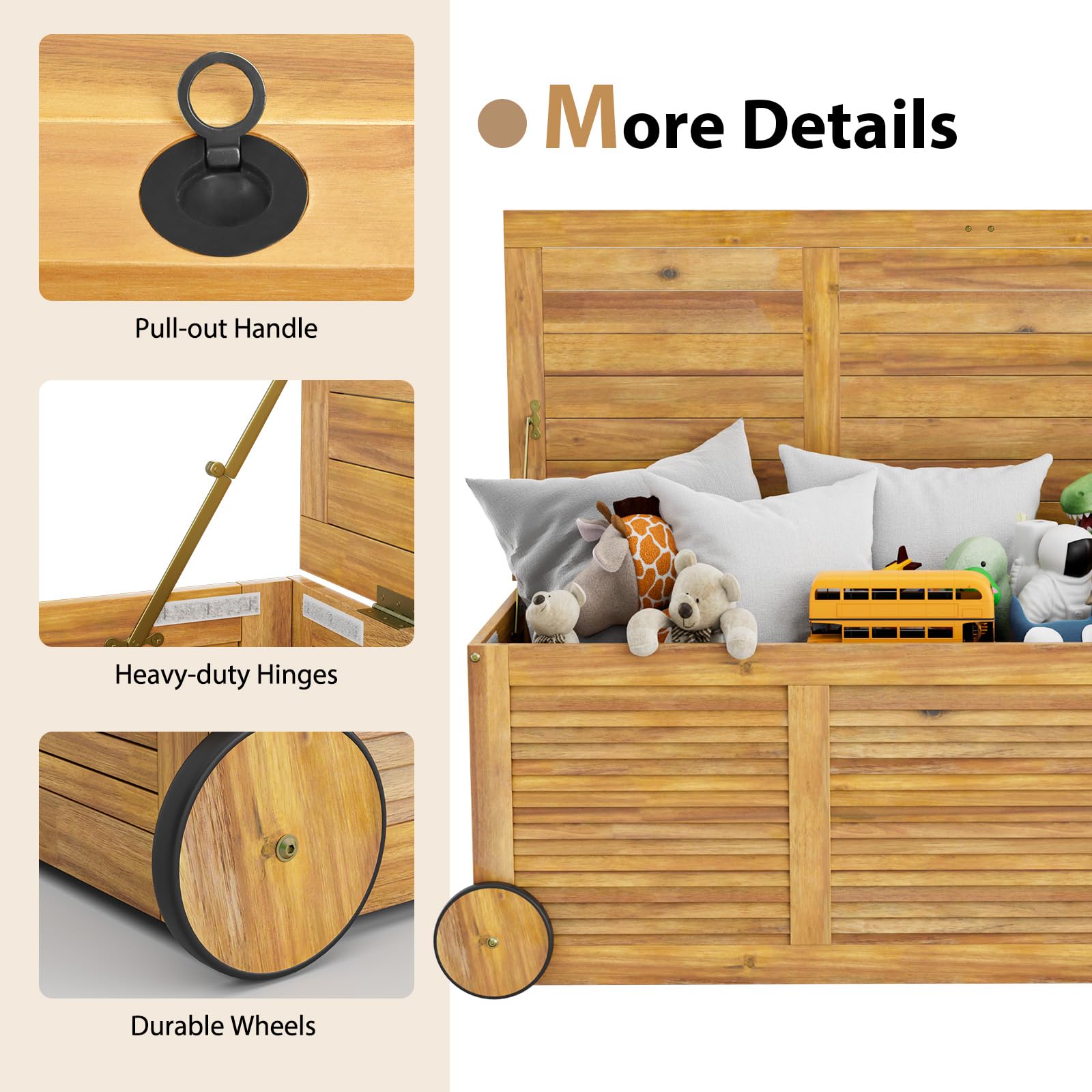 HOMASIS Auflagenbox 182L mit Rollen, Gartenbox aus Akazienholz, Kissenbox mit wasserdichte Innentasche, Gartenbox Gartentruhe mit Griff, Auflagentruhe 150 kg belastbar, Aufbewahrungstruhe Kissentruhe