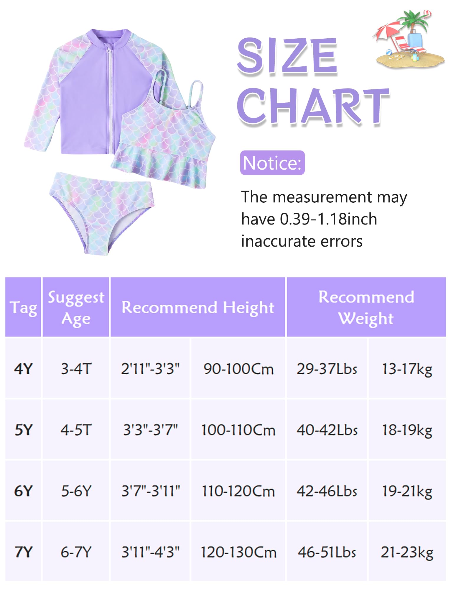 Happy Cherry Ensemble Rashguard 3 Pièces Enfant Fille 3-7 Ans Maillot de Bain Manches Longue Protection Solaire