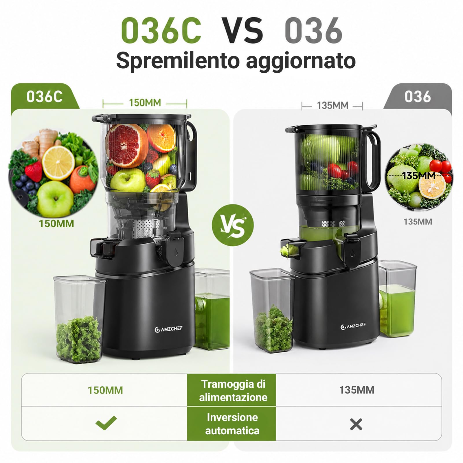 AMZCHEF Estrattore Automatico, Apertura 150MM e Capacità 2L Estrattore Frutta e Verdura Intera, 250W Estrattori di Succhi Professionale con Triplo Filtro - Nero