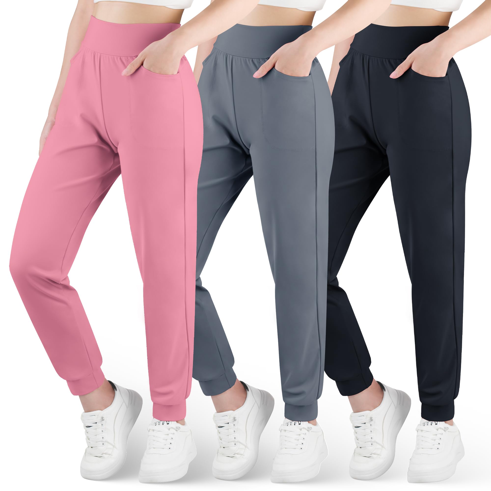 BIG ELEPHANT Confezione da 3 Pantaloni da Jogging per Bambine con Tasche, Pantaloni Sportivi a Vita Alta per Yoga e Corsa