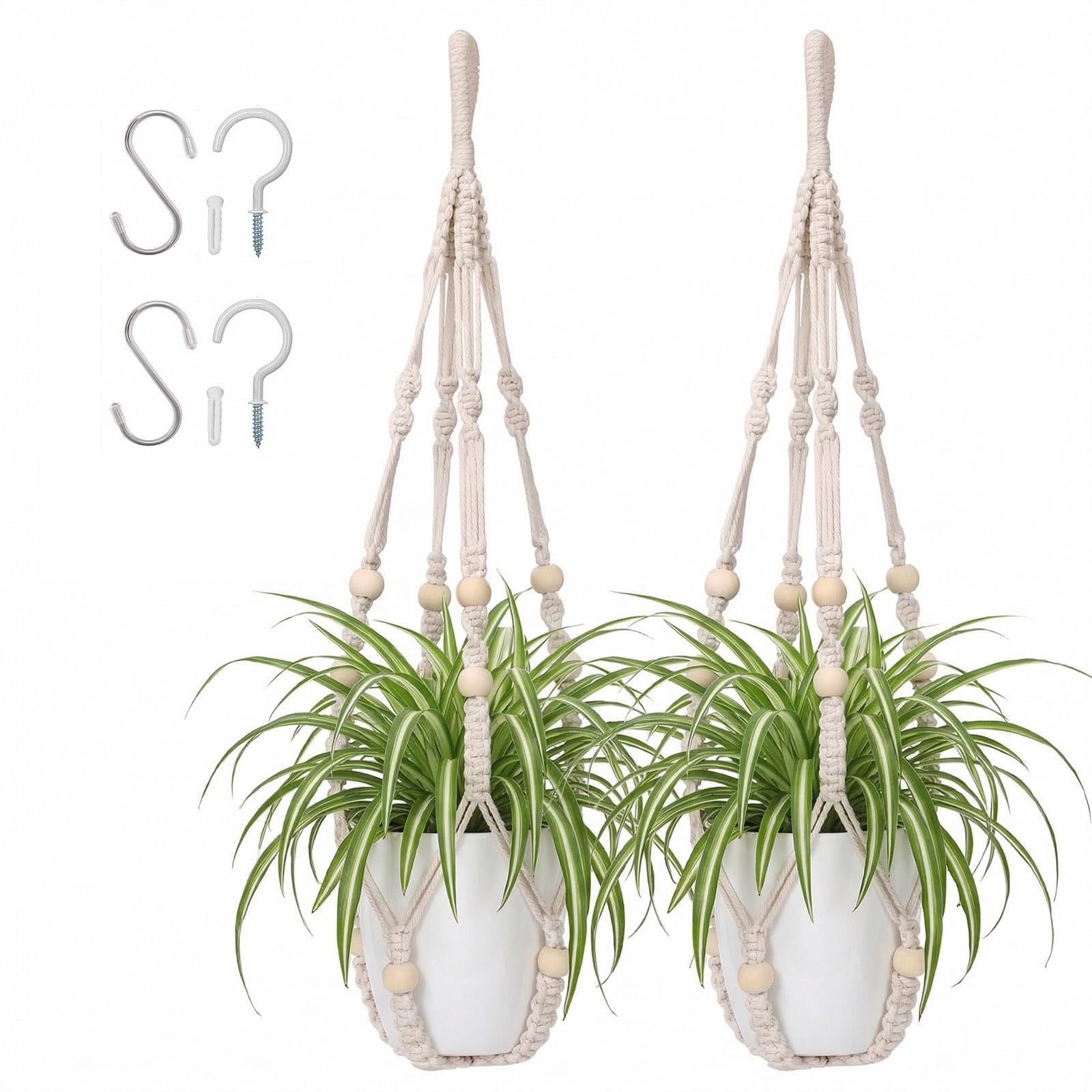 mivofo Macrame Plant Hanger 23", Set of 2 No Tassel Hanging Plant Holder Indoor, Sturdy Flower Pot Holder with 4 Hooks - Ivory (Pot NOT Included)