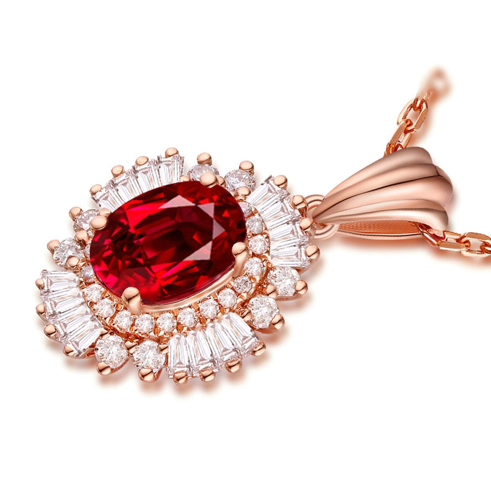 Collar con colgante para mujer de oro rosa 750 585 375, colgante de lujo flor con rubí de 1 ct y diamante de 0,33 ct oro rosa cadena mujer 45 cm sin níquel