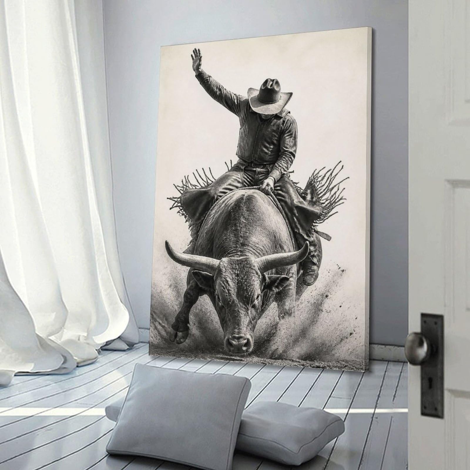 OKAHYS Impression sur toile haut de gamme - Impression sur toile - Motif rodéo Bull Rider - Action rapprochée - Style western moderne - Décoration murale idéale pour famille, cave, salle de jeux