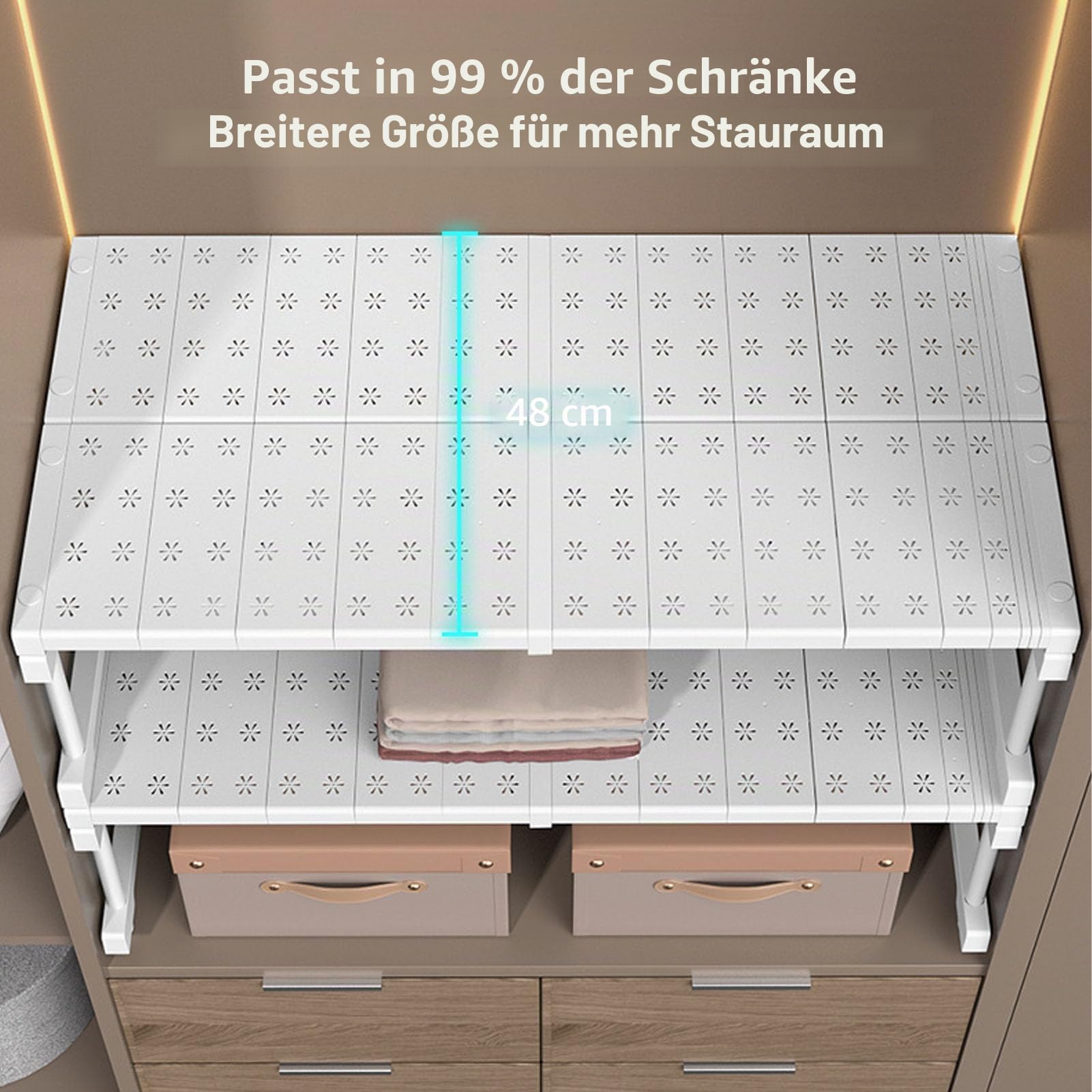 Erweiterbares Schrankregal mit Kohlenstoffstahl, Verstellbares Aufbewahrungsregal für Schränke, Idealer Kleiderschrankteiler und Organizer für Küche, Badezimmer (Länge 47–68 cm)