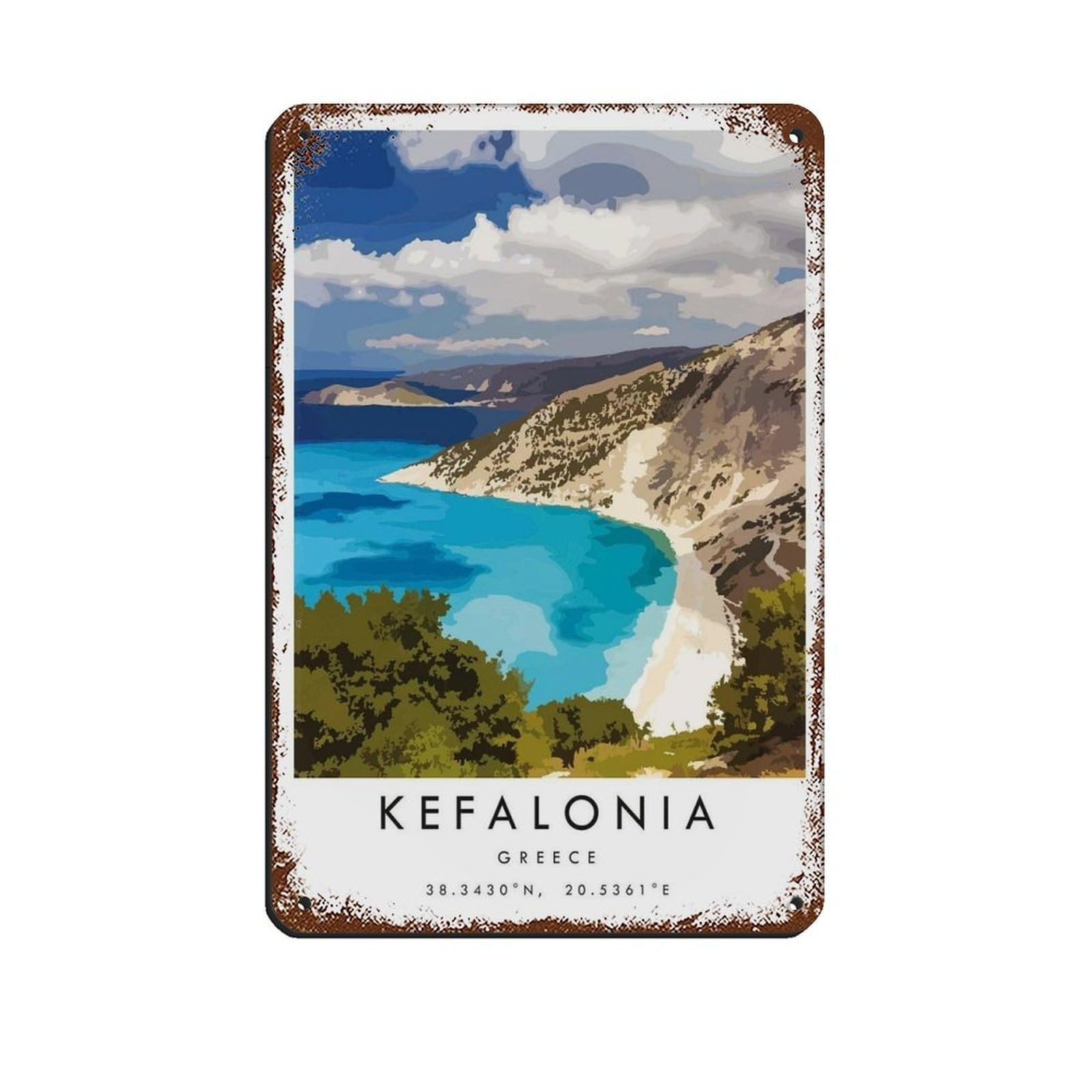 Kefalonia Travel, Myrtos Beach Tin Sign Vintage Metal Pub Club Cafe Bar Home Wall Art Decoration Poster Retro 8x12inch(20x30cm)