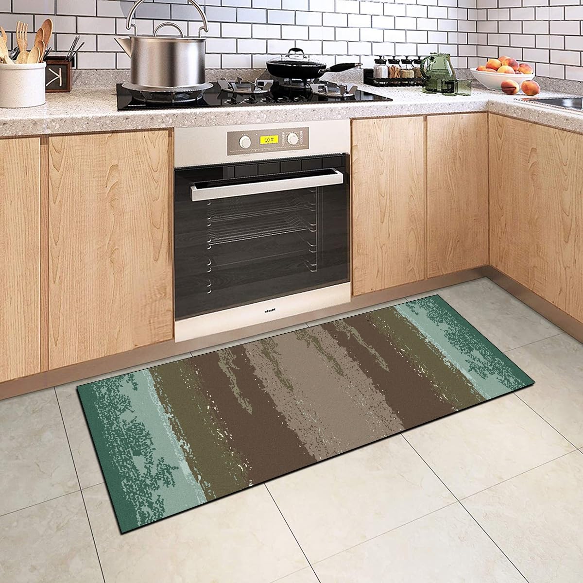 Tappeto Cucina Antiscivolo e Lavabile, Verde Chiaro,3.2 Metri ,Tappeti Passatoia Runner Lungo,Motivo Geometrico Moderno, per Corridoio Soggiorno,Camera da Letto,Ingresso Interno,Poliestere,60x320 cm
