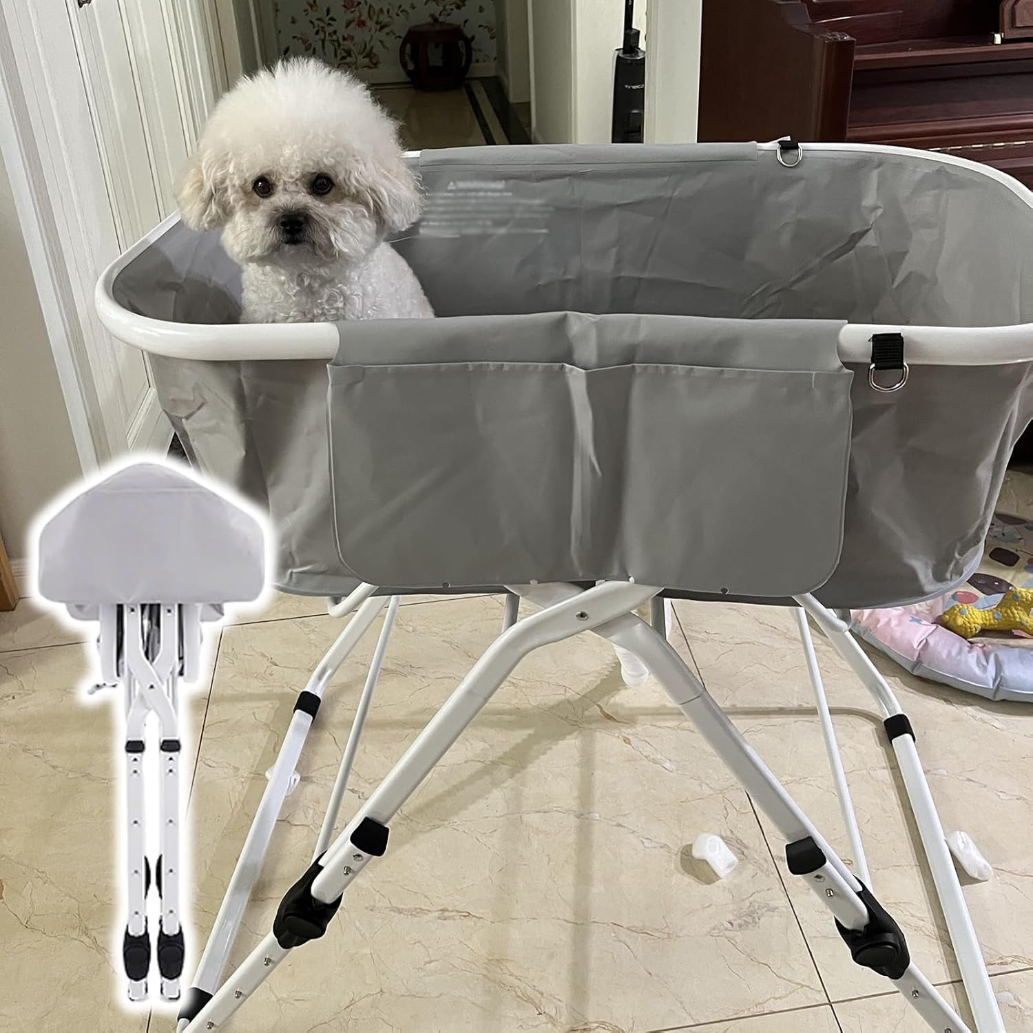 BABYCE Height Adjustable Portable Dog Bath for Shower, Elevated Folding Pet Bath Tub & Wash Station, Collapsible Pet Bathtub with Water Drain Plug for Small Medium Dog(Gray)