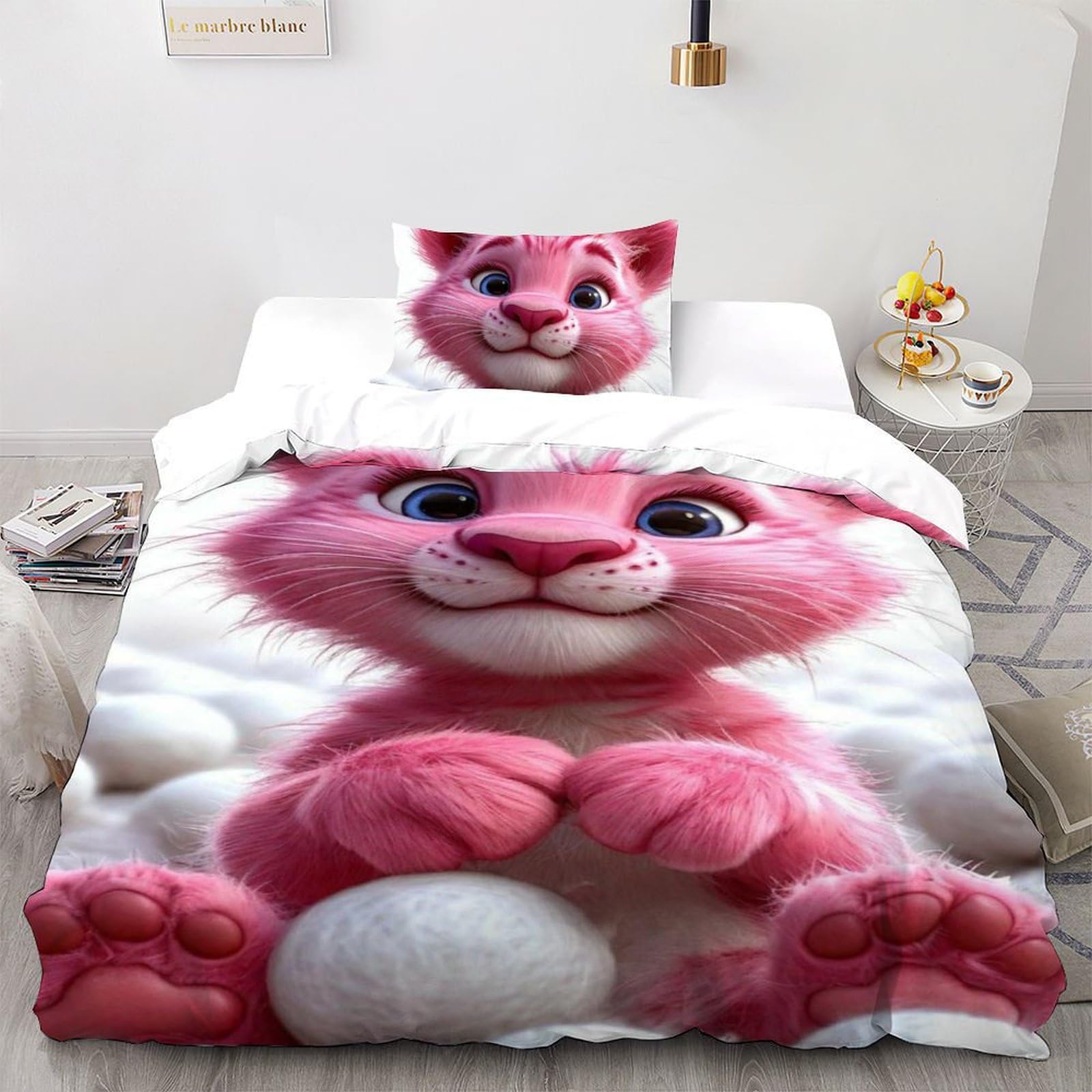 Housse couette Panthère Rose anti-plis en microfibre 135x200cm avec taies d'oreiller