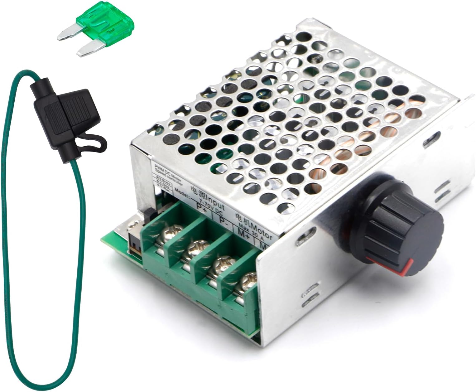 RioRand 7-70V PWM DC Motor Speed Controller 30A - Low Heat Aluminum Housing for Brushed DC Motors, DIY Projects & Small Electric Devices (Extra Fuse Included) Green