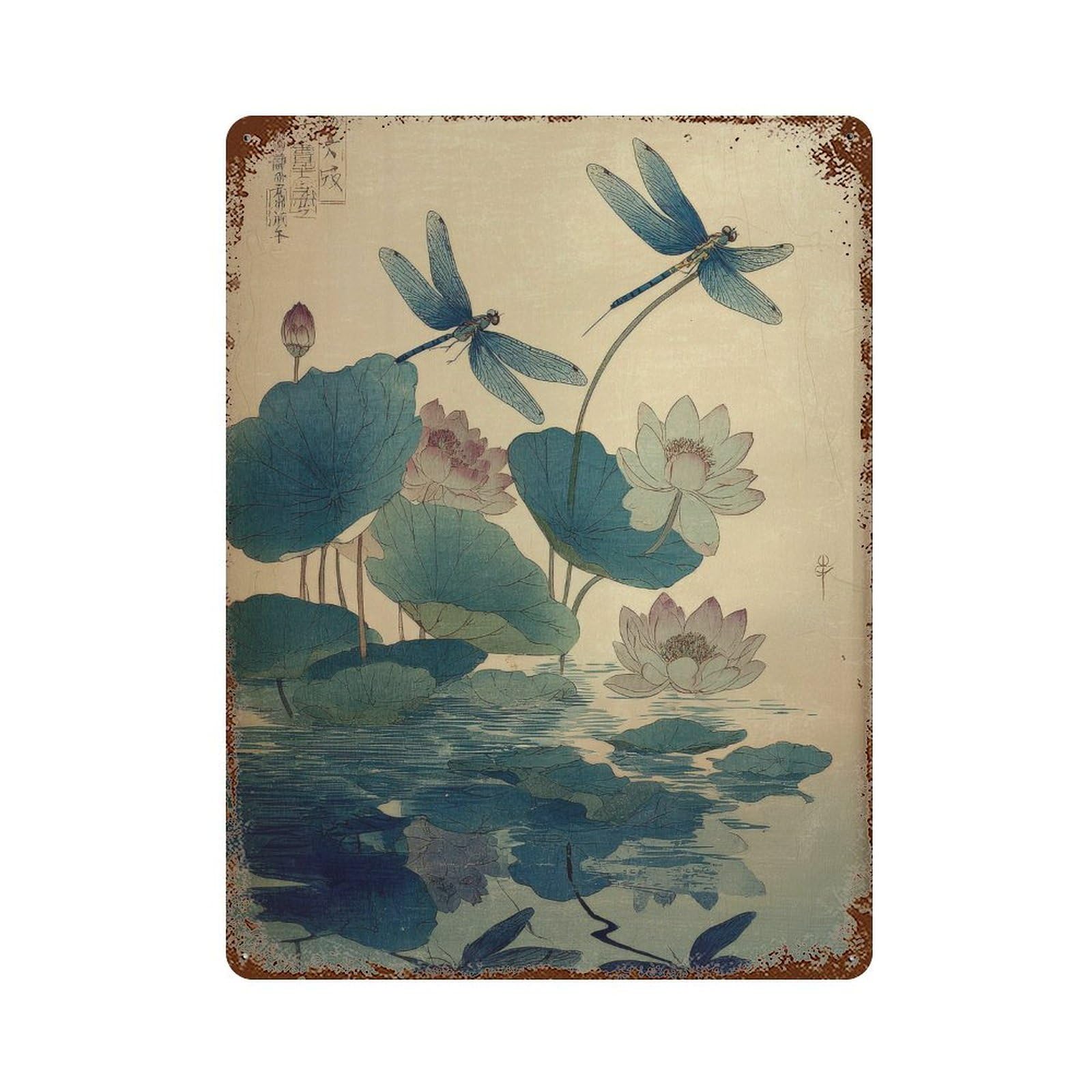 xiaoxiaoshen Dragonflies And Lotus Flowers. Japanese Ukiyo Wall Decor Art Metal Tin Poster Modern Home Decor Art Home Bar Shop Decorations Vintage Sign 40x30cm