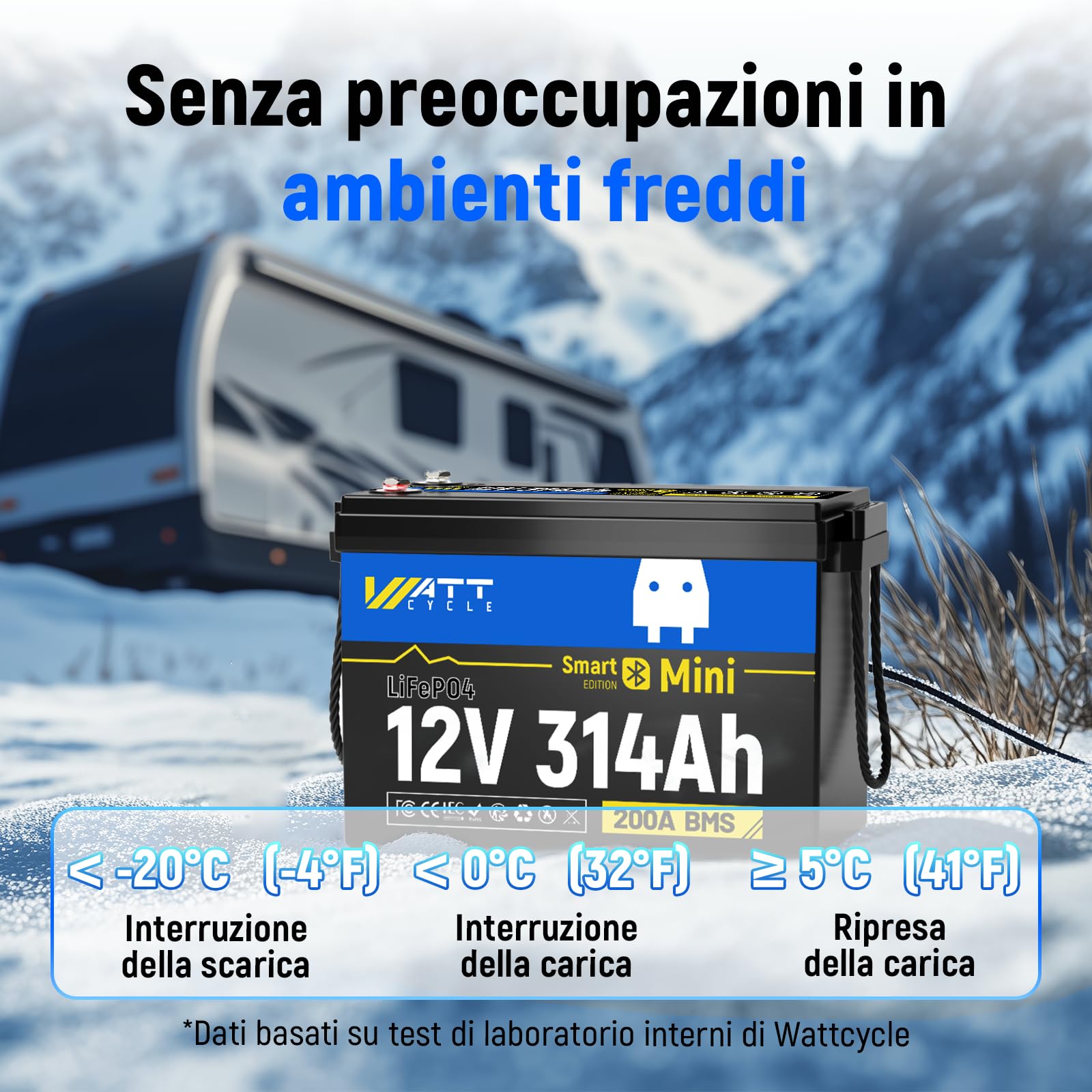 Wattcycle Batteria al Litio LiFePO4 12V 314Ah, 4019Wh, con BMS 200A Integrato, Protezione Bassa Temperatura, per Nautica, Camper, Sistemi Solari e Off-Grid