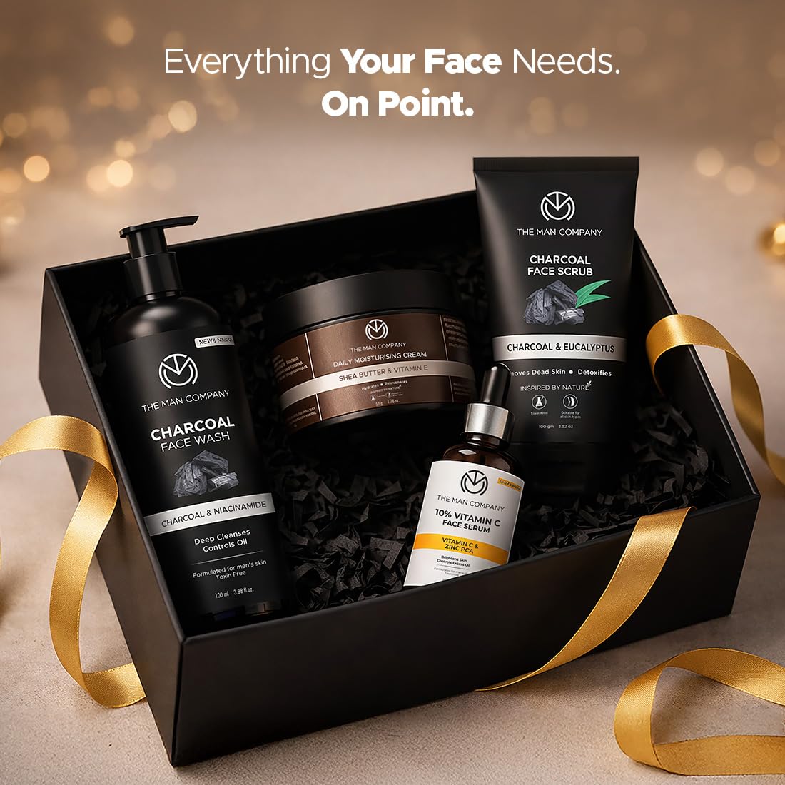 The Man Company Kit viso Face on Point con siero alla vitamina C, detergente viso e scrub viso al carbone, crema idratante quotidiana, pelle morbida ed elastica, set regalo per lui