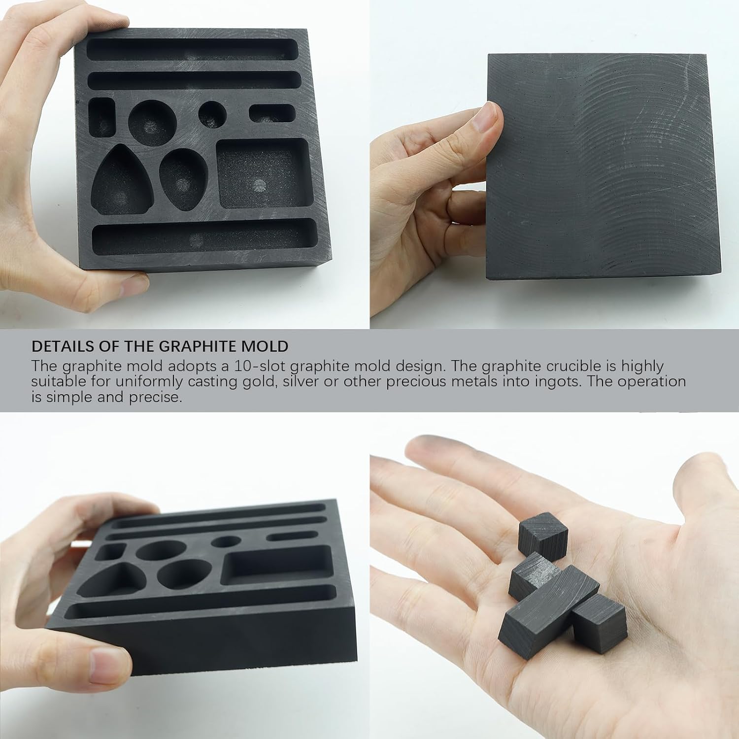 10 Hole Graphite Ingot Mold for Metal Casting, Multi-Cavity Graphite Mold for Gold Silver Melting, Precious Metal Ingot Mold for Jewelry Making Refining