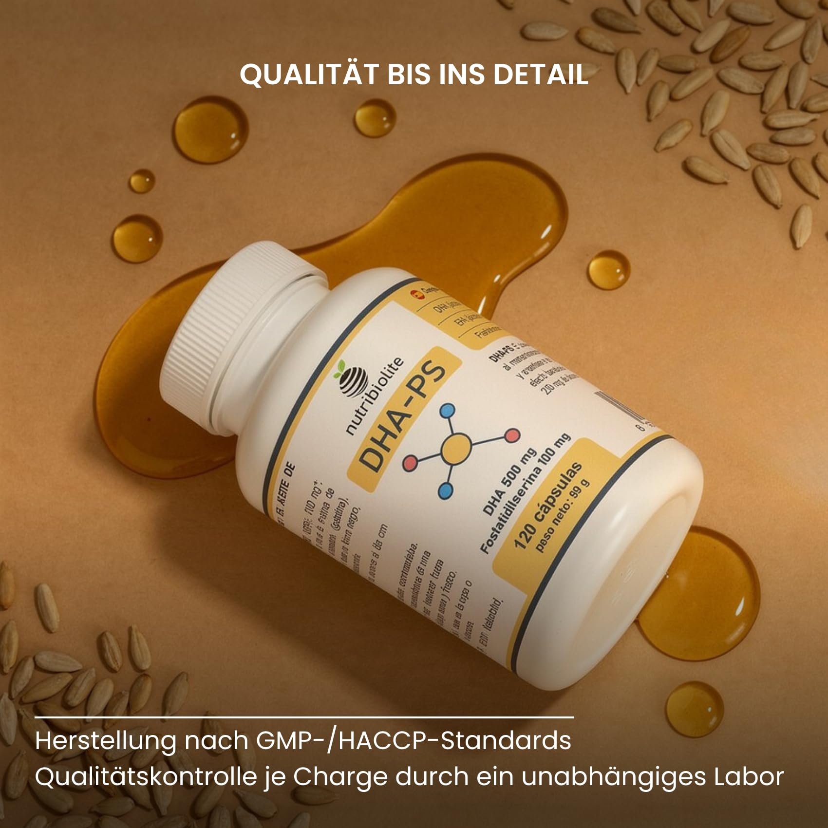 500 mg DHA Omega-3 (Triglyceride) + 100 mg Phosphatidylserin, ohne Soja – für Gehirnfunktion & Sehkraft – 120 Mini-Softgels – DHA-PS Nutribiolite