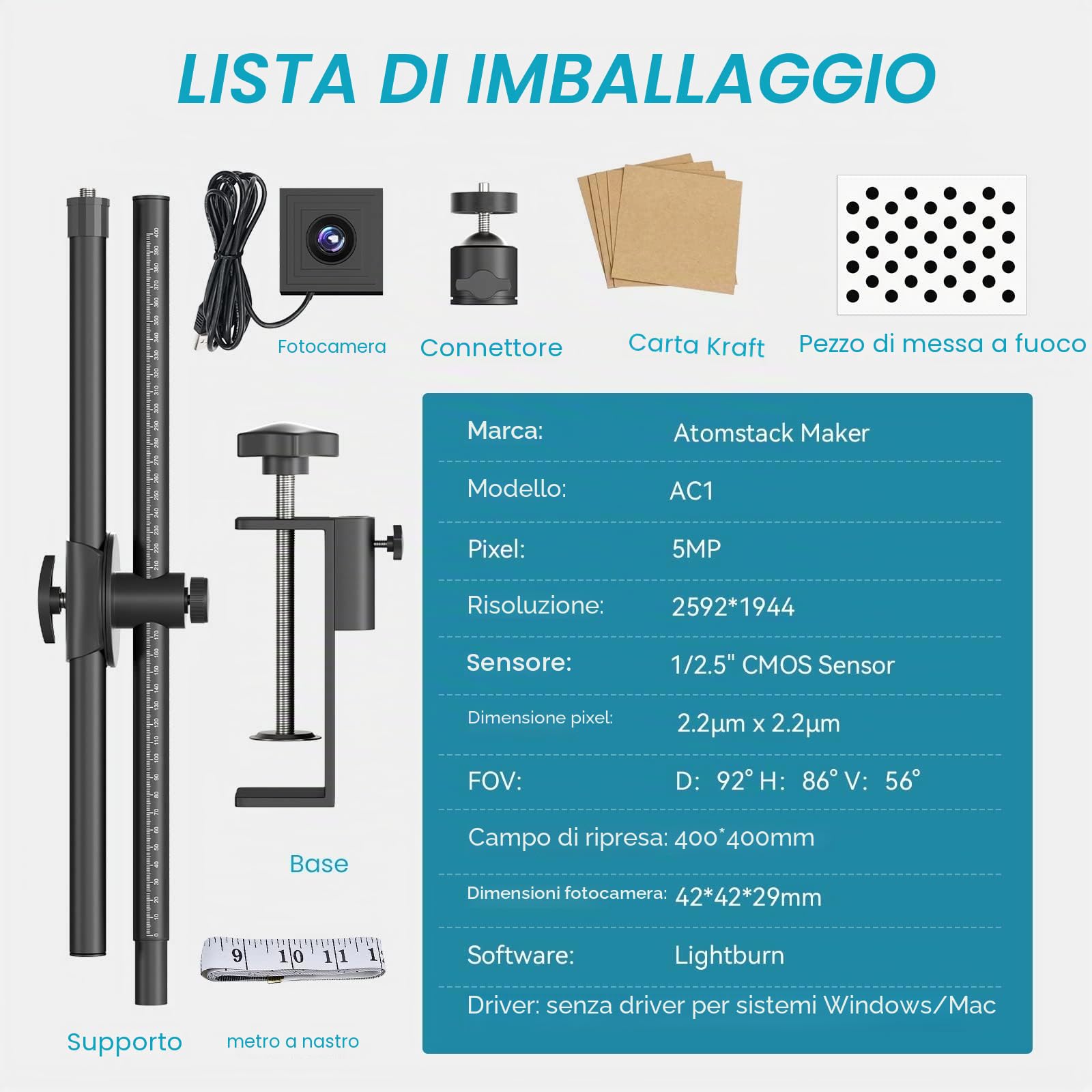 ATOMSTACK Telecamera AC1 per incisore laser, 5 MP Pixel LightBurn, posizionamento preciso, incisione multitasking e anteprima, adatta per macchina per incisione laser di tutte le marche